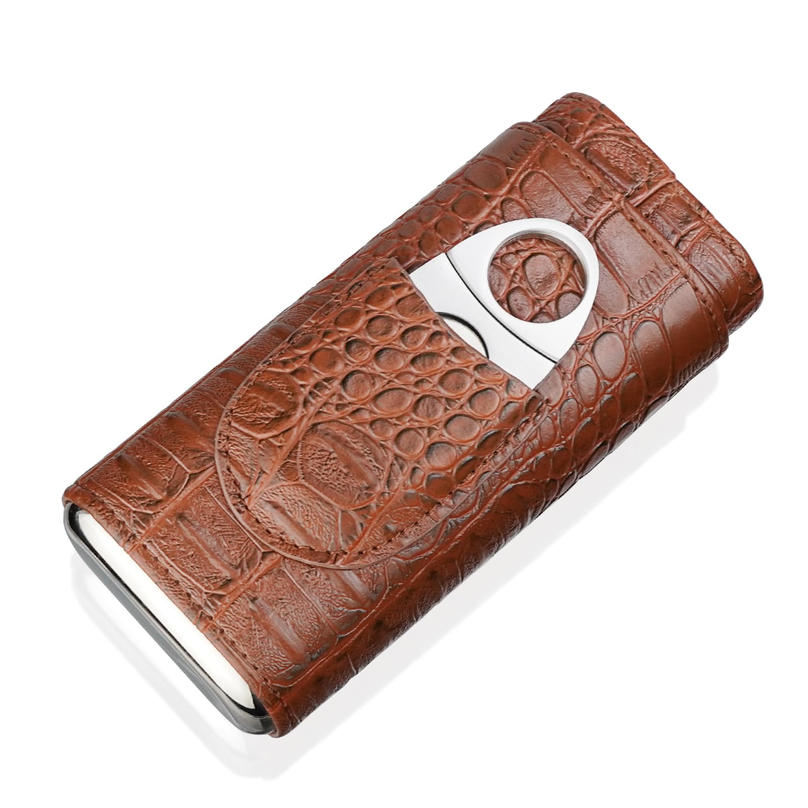 cgaplus 3-Finger Cigar Case with Cutter Crocodile Pattern Leather Cigar Humidor Case Portable Travel Case for Men(Brown) - Image 3