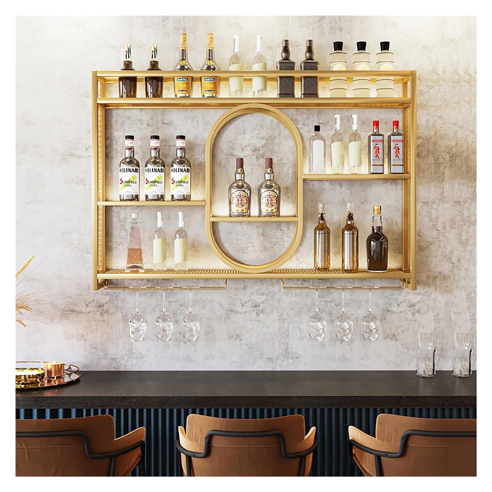 Étagère à vin murale moderne LED suspendue pour bouteilles et verres