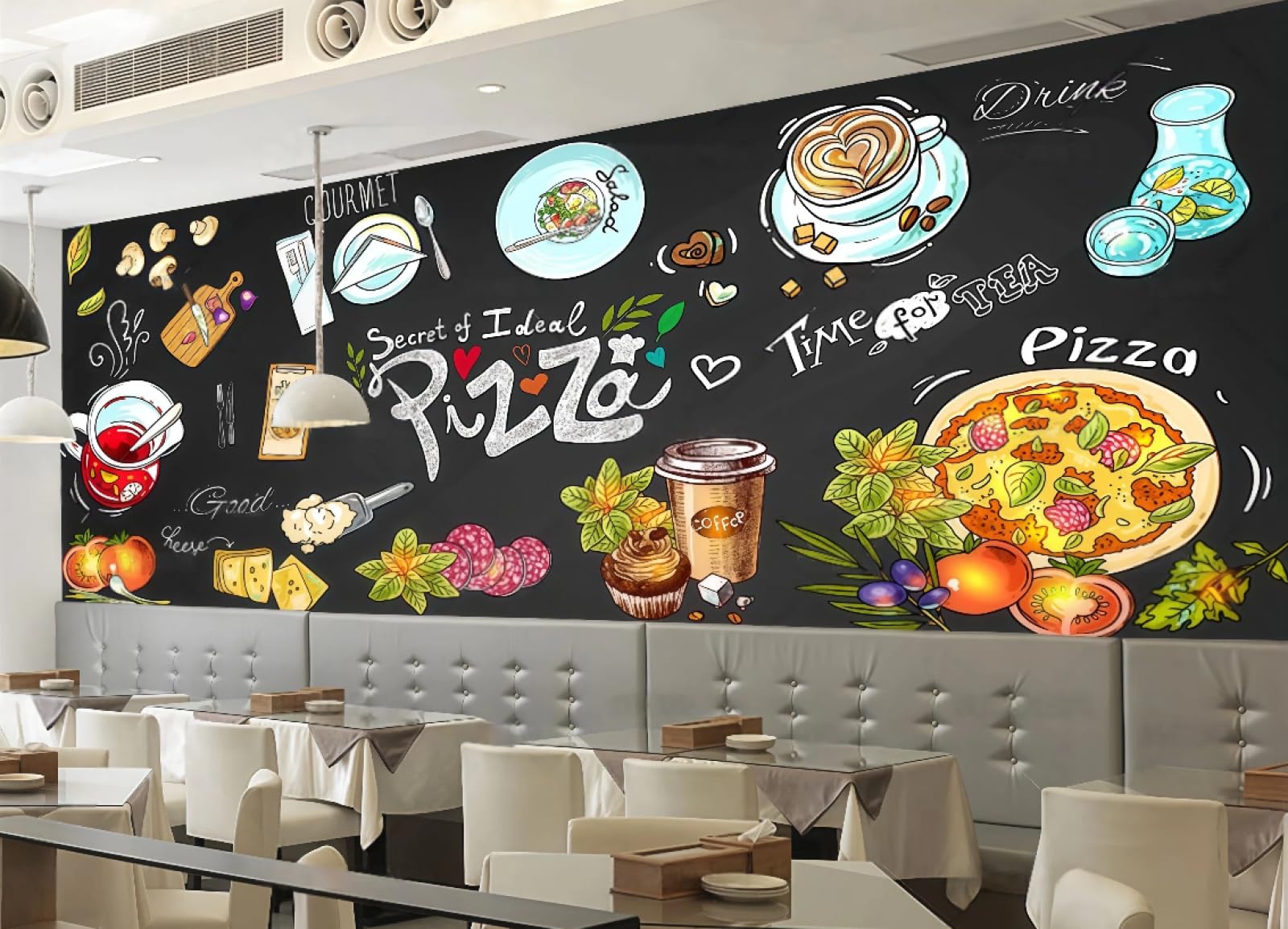 rskjdghshd Wallpaper Blackboard Hand-Painted Pizza Restaurant Bread Afternoon Tea Dessert Cake Shop Background Wall Western Restaurant Wallpaper Cafe Mural,3D,250x175cm