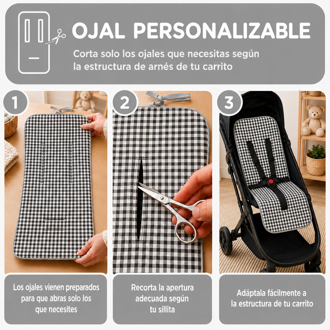 Colchoneta Silla Paseo Universal Verano Funda Carrito Bebe 100% Algodon Transpirable Reversible Apta Silla Inglesina Suave Carro Bebe Altura Ajustable Hombros y Cintura Antideslizable (Vichy Gris)
