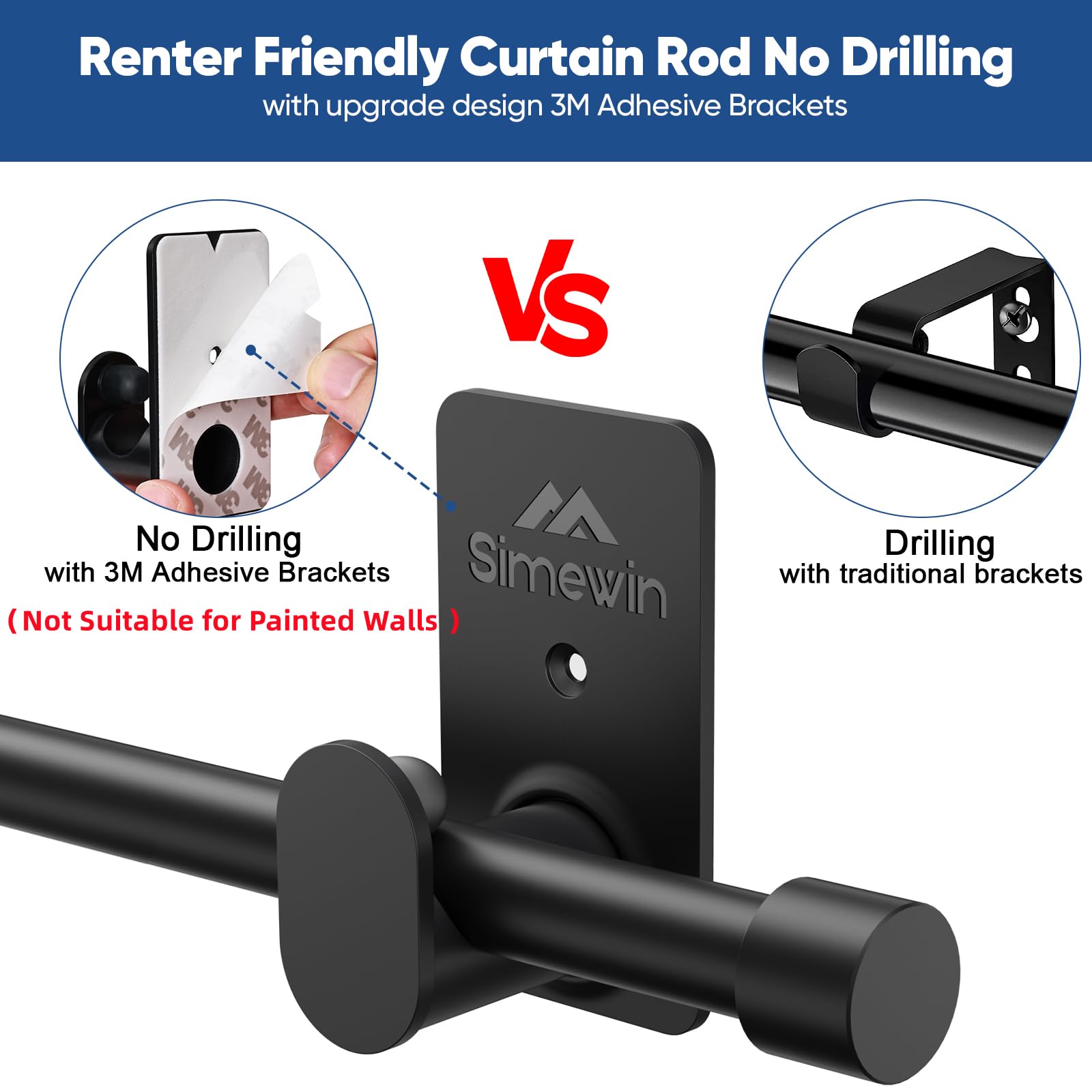 SIMEWIN Tringle à rideaux sans perçage pour fenêtres de 76,2 à 228,6 cm de diamètre, sans perçage, avec supports adhésifs 3M, noir