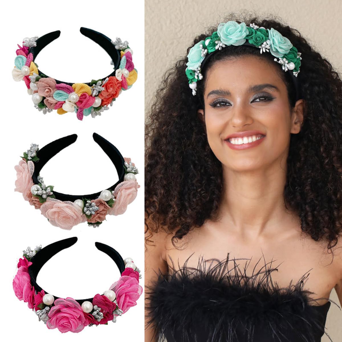 Flower Crown Headband Pearl Rose Flower Headbands for Women Pink Mesh Fabric Hair Band Pink 16116, Pink A - Image 3