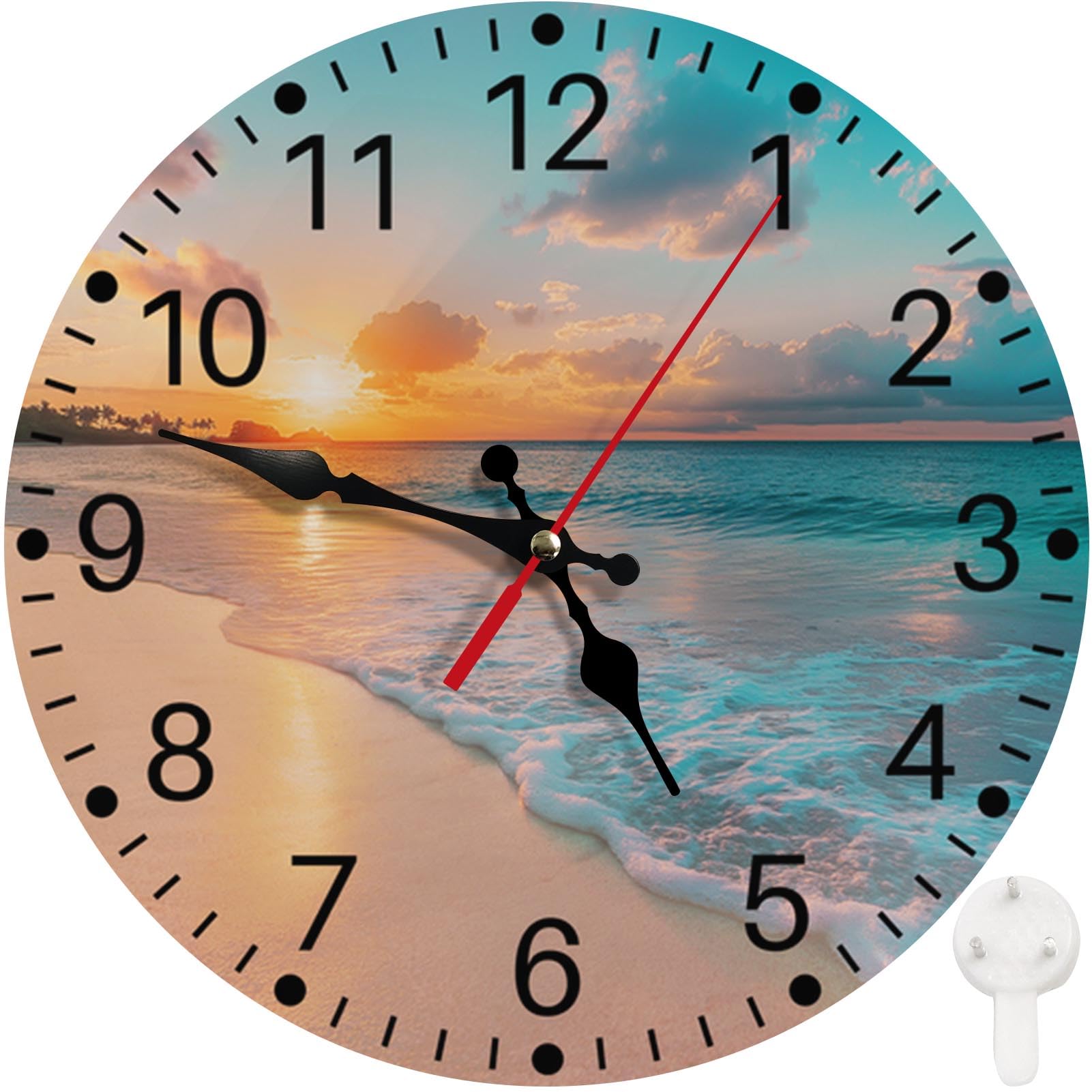 Horloge murale ronde silencieuse de 30,5 cm motif plage et ciel pour déco de salon