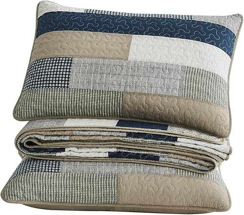 Miniatura 8 de Chezmoi Collection Dylan - Juego de edredón rectangular de 3 piezas, color azul marino, blanco, gris, gris topo, colcha acolchada de algodón