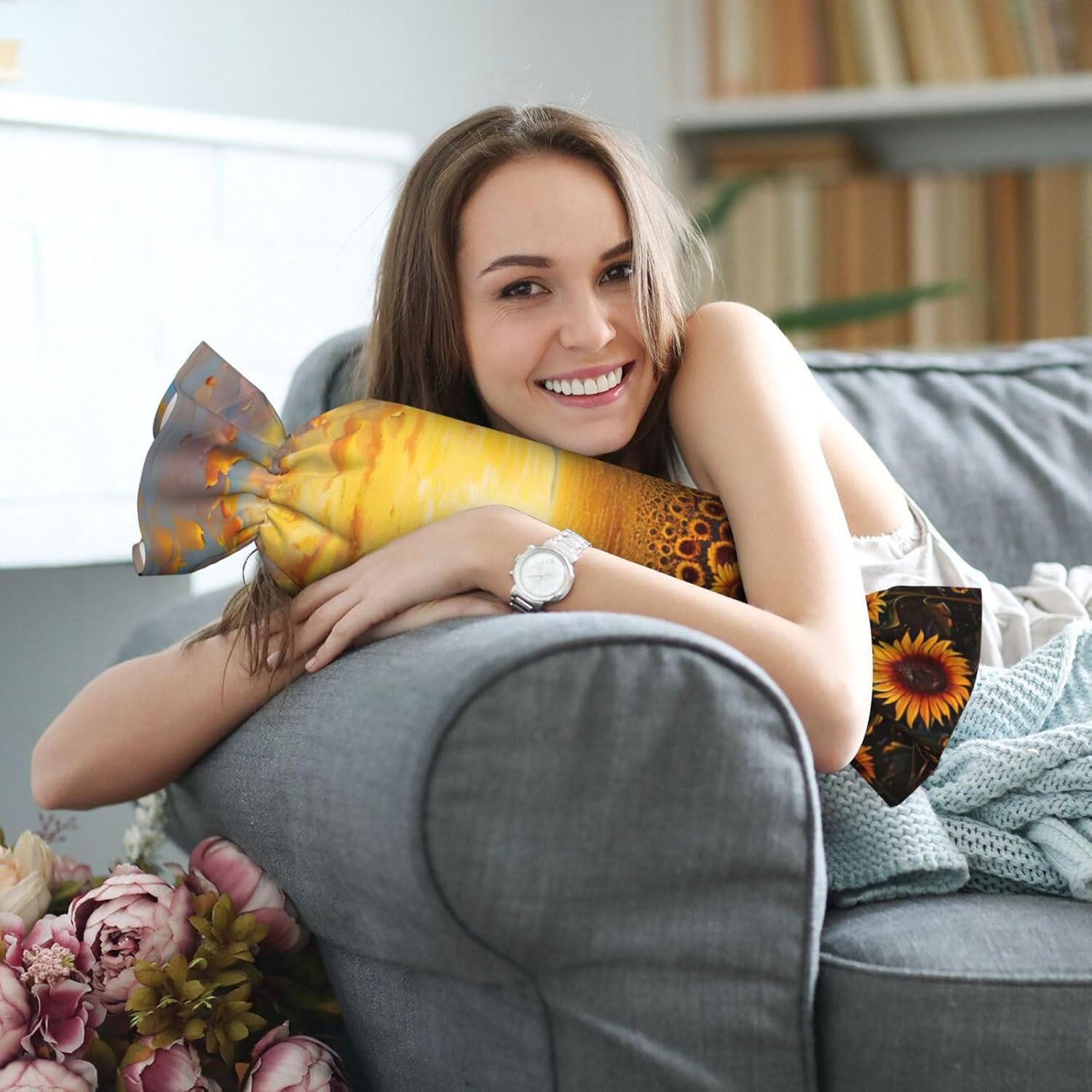 Sunflower Field Sunset Sea of Flowers Print Candy Cylindrical Comfortable Pillow Throw Pillows Home Decor Easy Maintenance