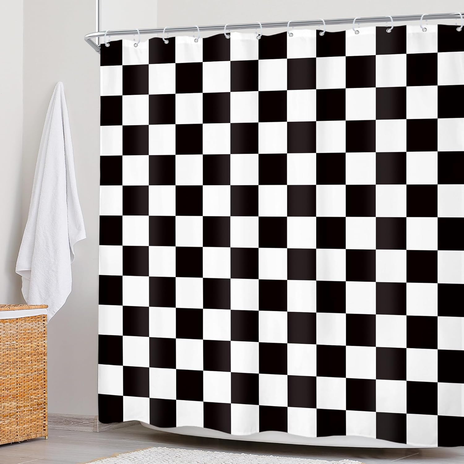 Newsely Checkered Shower Curtain 72Wx78L Inch Black White Shower Curtains for Bathroom Cute Retro Checkerboard Shower Curtain Vintage Aesthetic Bathroom Set Modern Waterproof Accessories Home Decor