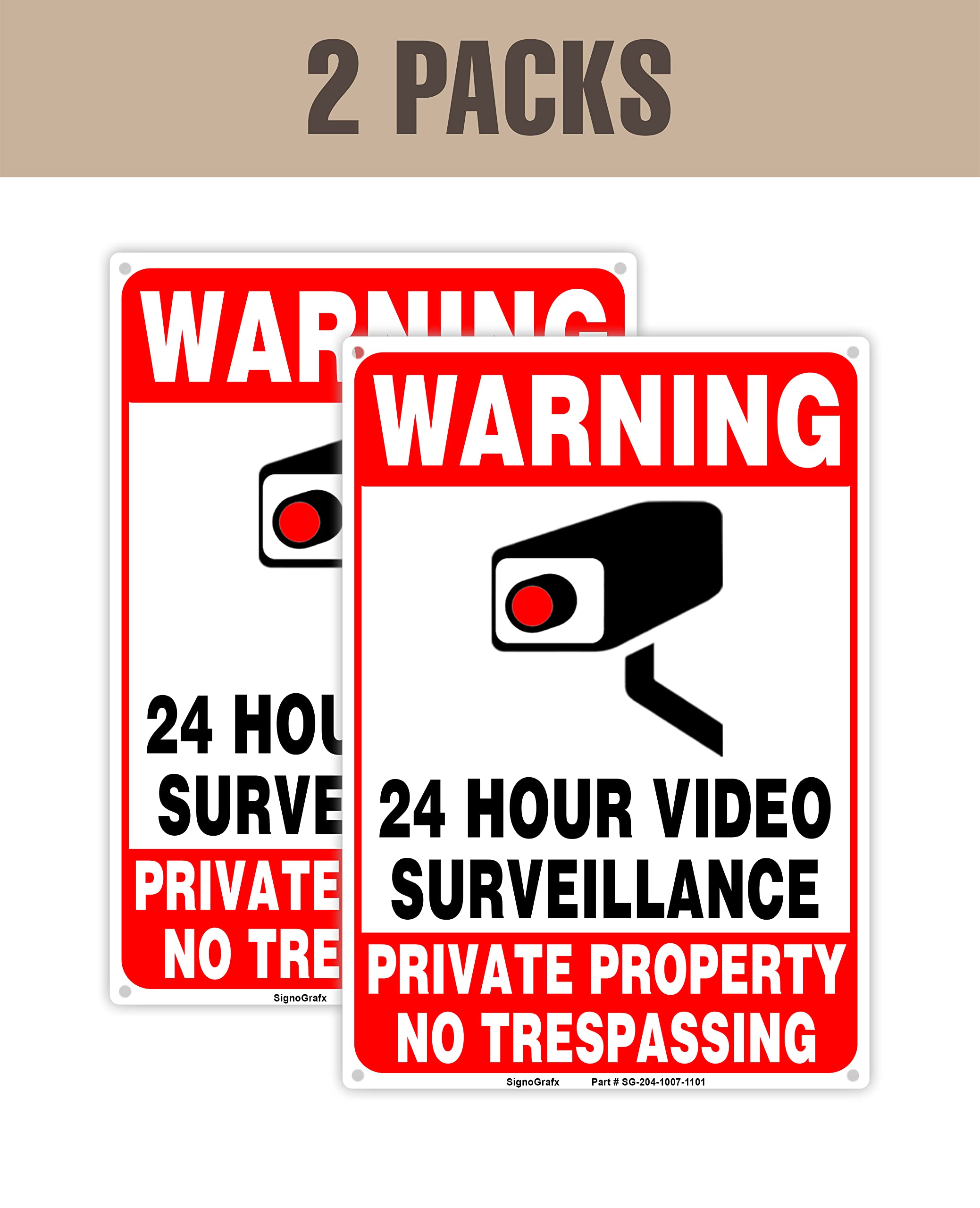 Paquete de 2 letreros de videovigilancia de 24 horas, señales de propiedad privada de 10 x 7 pulgadas, cámara de seguridad para el hogar, negocios, letrero privado, uso en interiores y