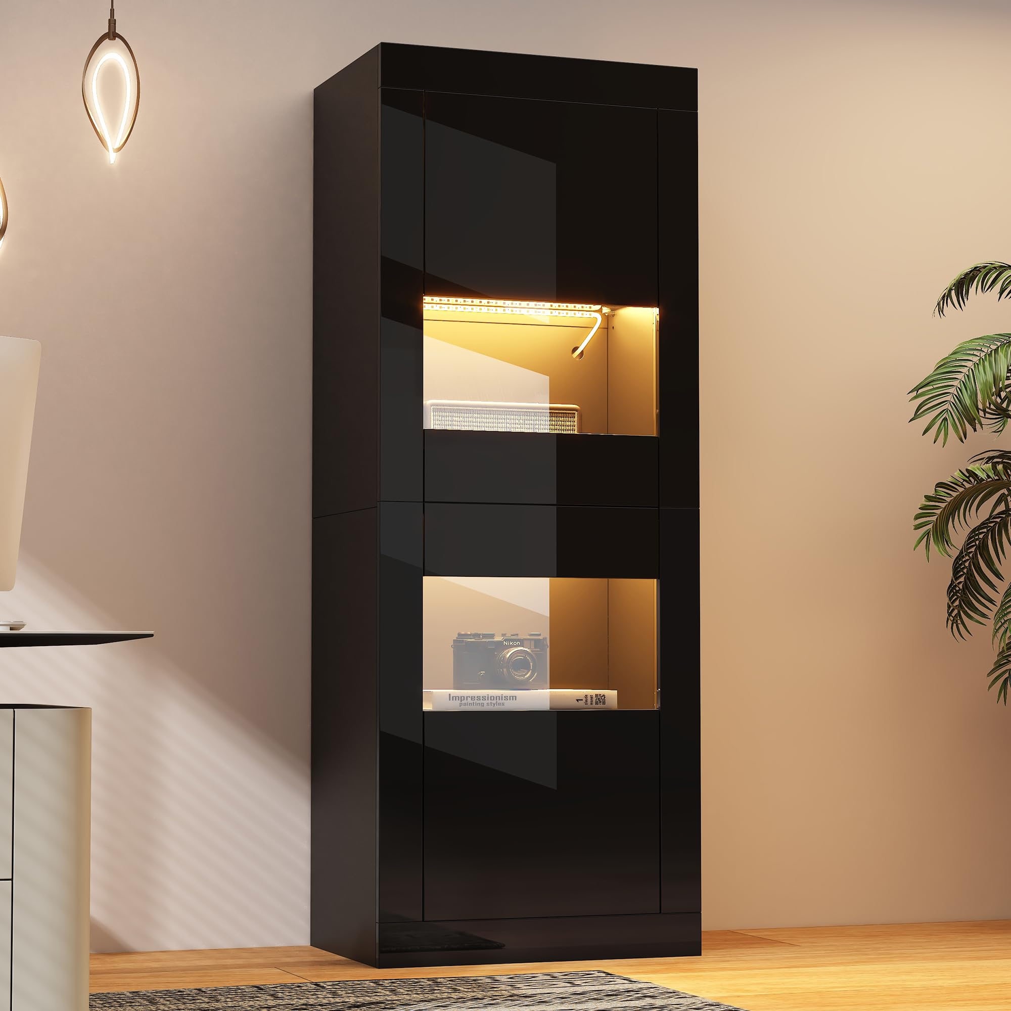 Vitrina de alto brillo, color negro, 1 estante de cristal, 61 x 42 x 162 cm, armario de almacenamiento