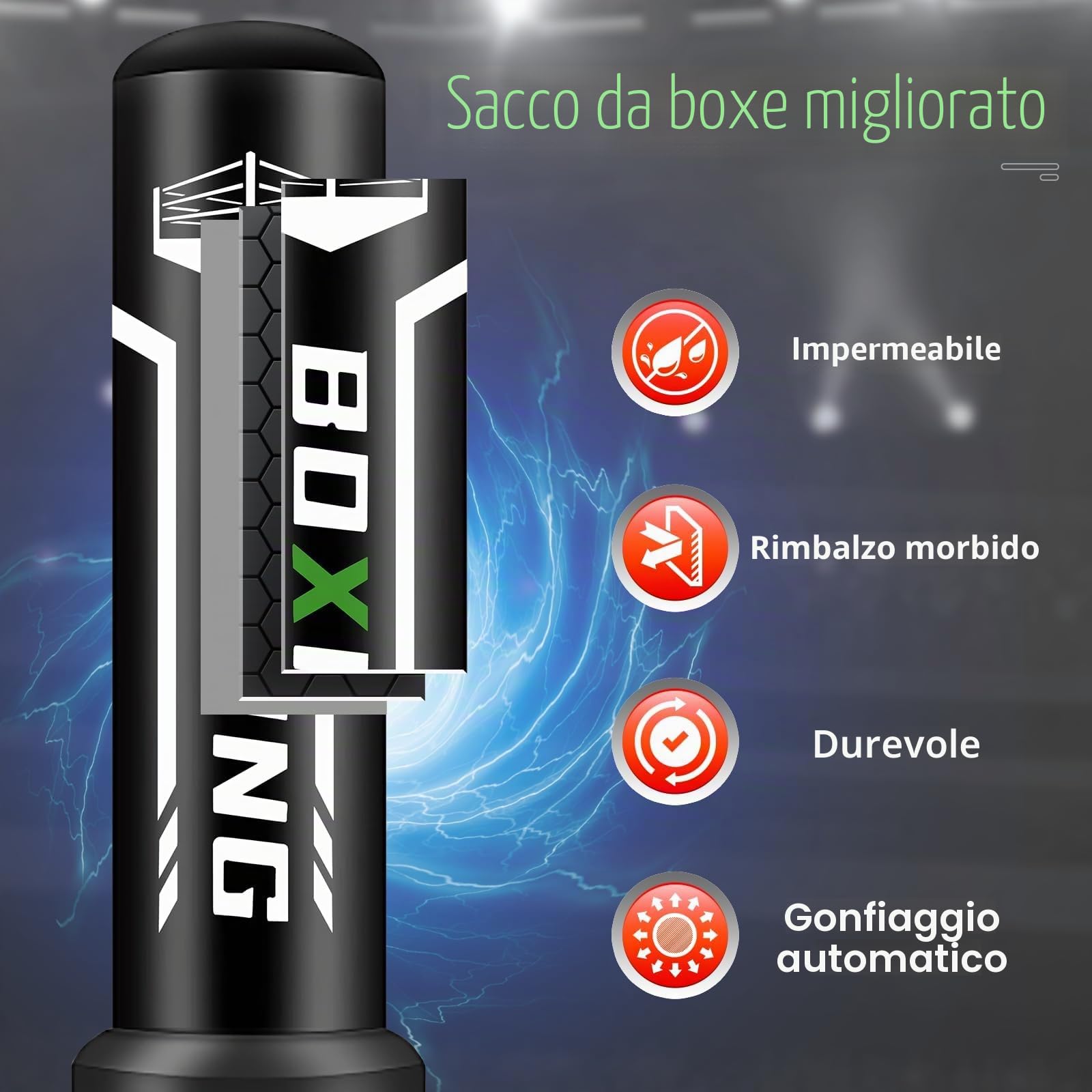Sacco da boxe 2 in 1 per adulti, 180 cm autogonfiante, pesante, con guantoni da boxe e pompa ad aria integrata, per allenamento MMA, Muay Thai, fitness, principianti