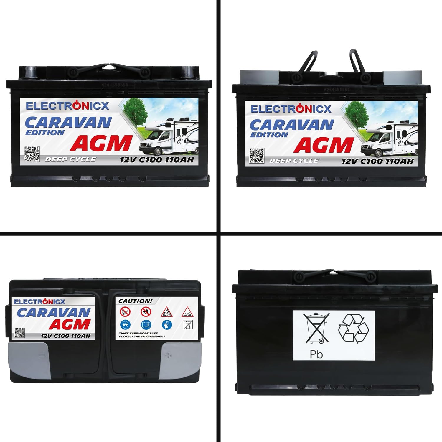 Batterie de service Electronicx AGM Caravan Edition 12V 110Ah – 110 ah Batterie à décharge lente pour camping-car, caravane, solaire– sans entretien, étanche, anti-fuite 315×175×190 mm