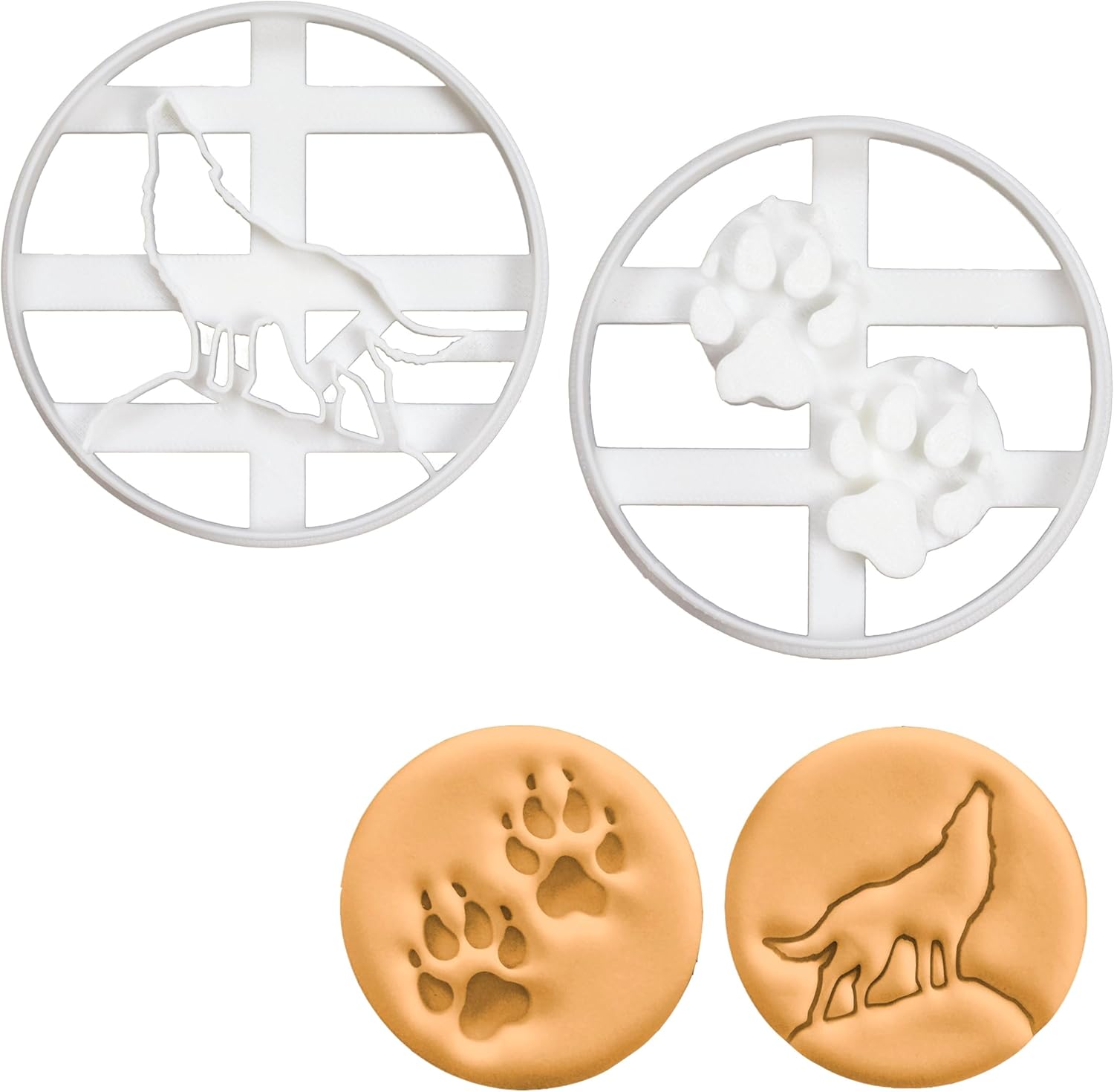 Set of 2 Wolf cookie cutters (Designs: Howling Wolf and Wolf Paw Prints), 2 pieces -Bakerlogy
