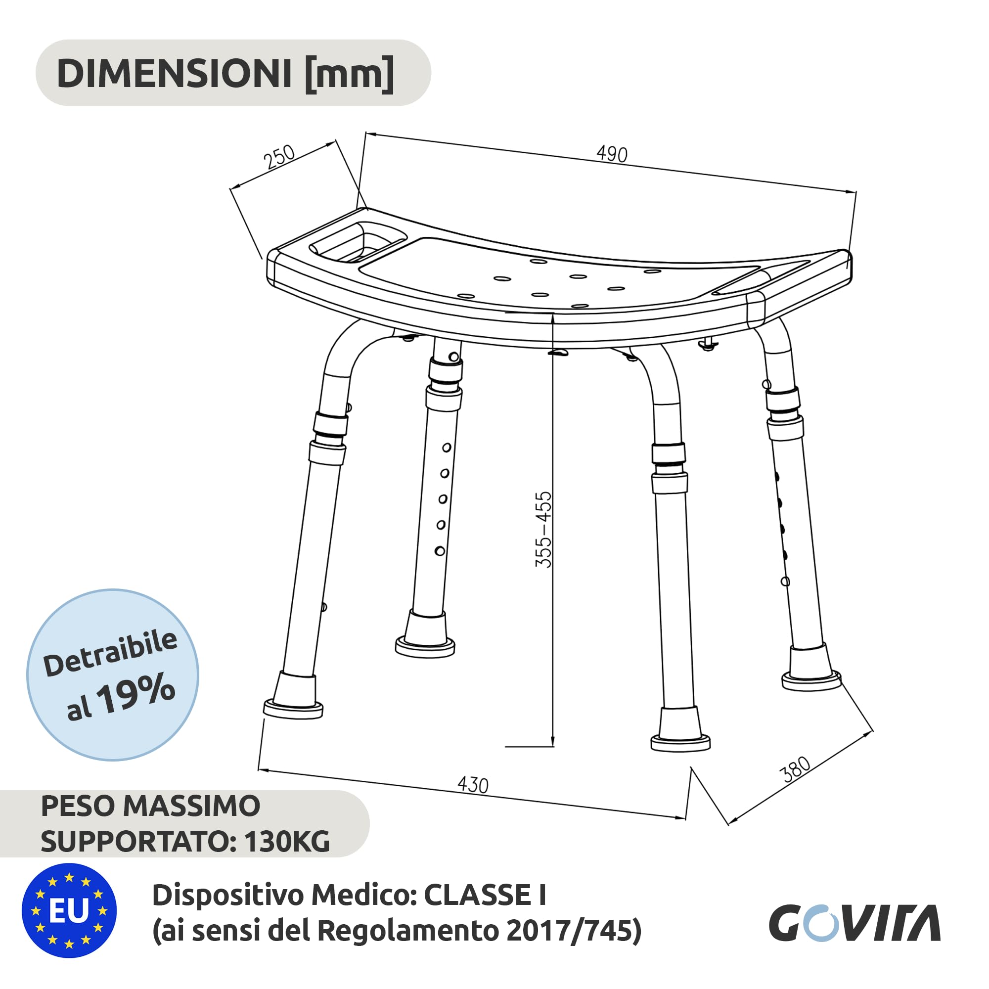 GOVITA Sgabello Doccia Anziani e Disabili Antiscivolo – Sedia Doccia Regolabile in Alluminio, Sedile Sicuro e Stabile con Piedini Antiscivolo, Ideale per Doccia e Vasca (43 cm, Rettangolare)