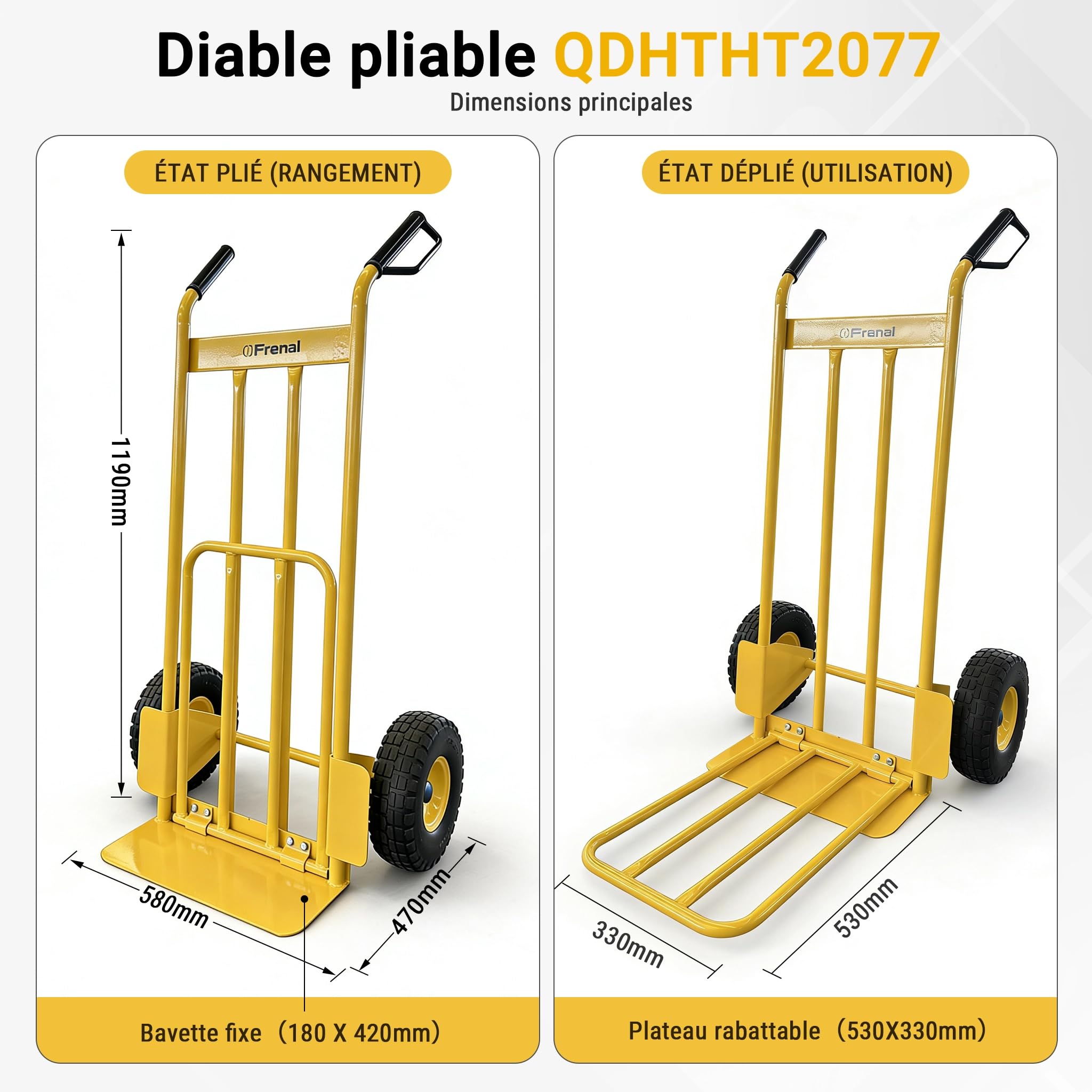 Diable de Manutention 200 kg, Chariot de Transport en Acier