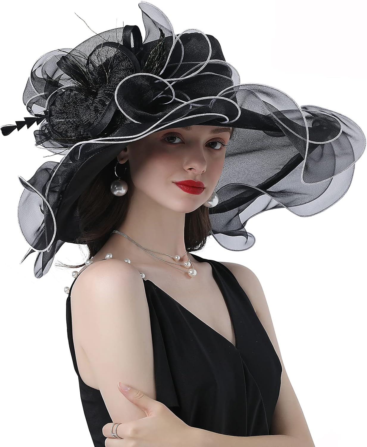 Women Derby Church Organza Flower Wedding Tea Party Fascinator Wide Brim Sun Hat