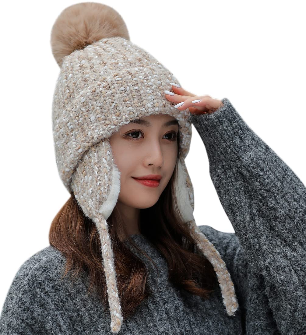 YUSSTARBeanie with Ear Flaps Warmer Fleece Lined Winter Hats Ski Knit Cap Pom Pom Women