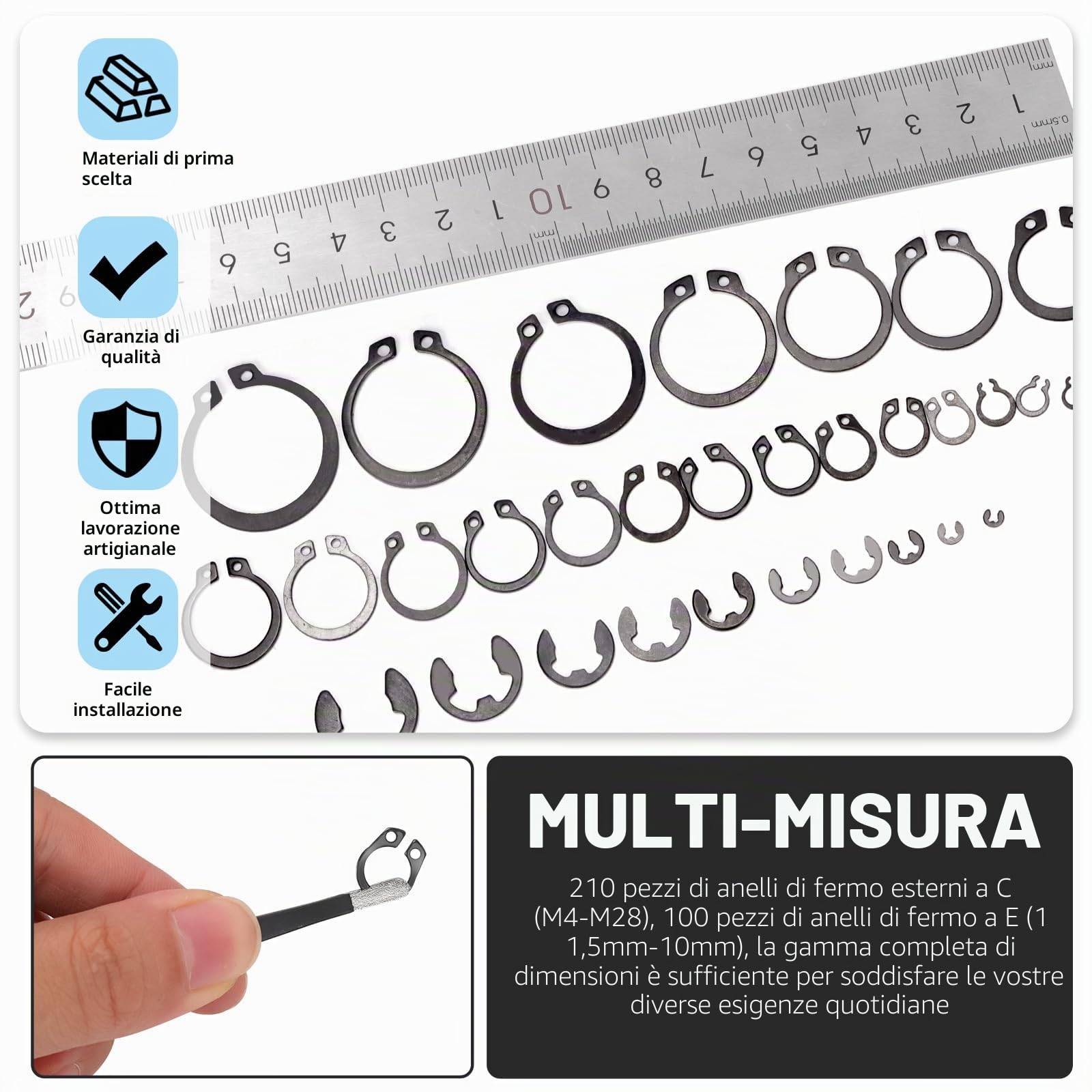 Glarks Assortimento di 312 clip di fissaggio a scatto in acciaio da 65mm, set di pinze per anello a scatto, anelli di fissaggio esterni