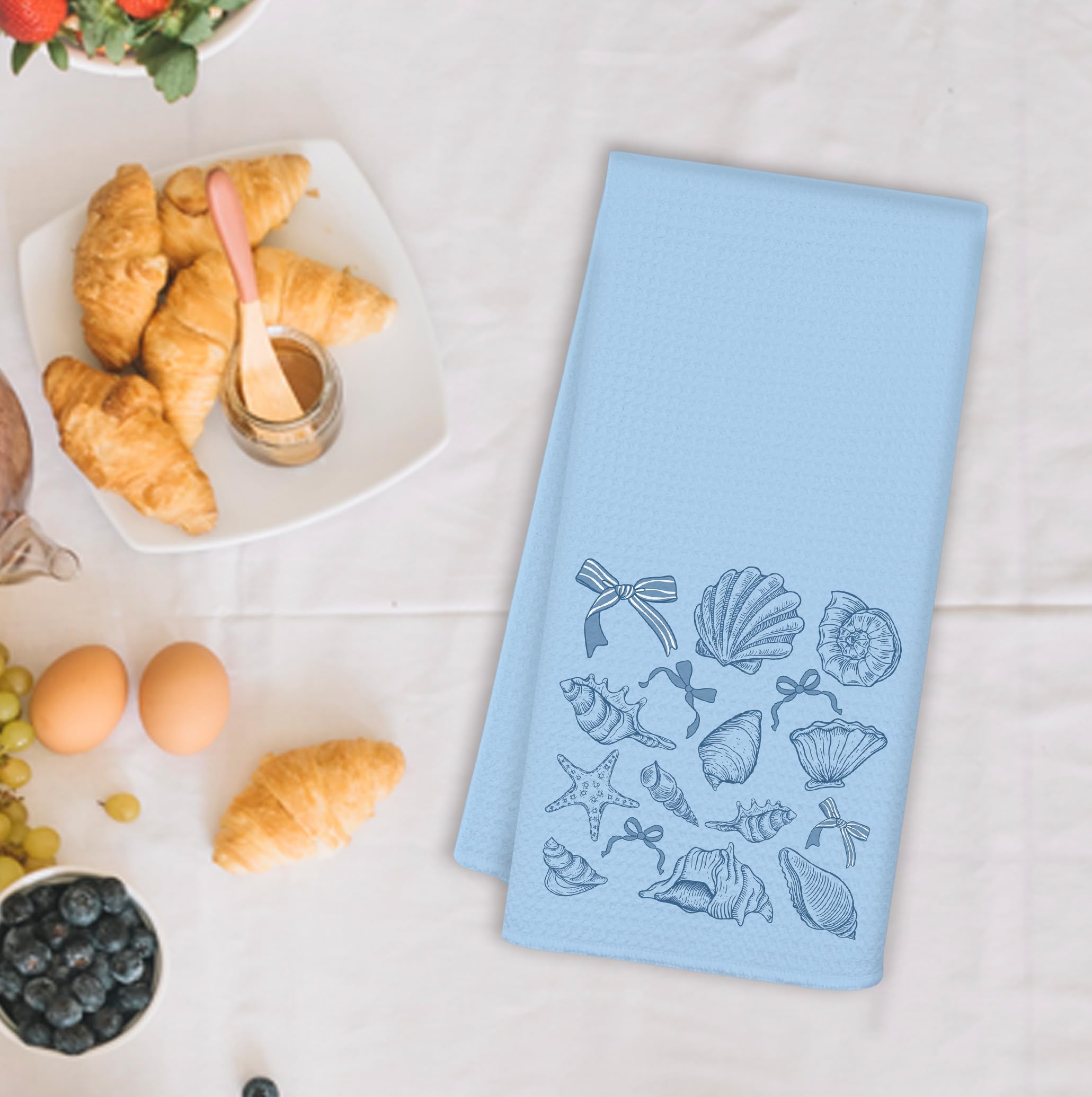 OSLYSOF Coquette Blue Bow Beach Kitchen Towels, Coastal Nautical Dish Tea Towels for Kitchen Decor, Blue Preppy Seashell Starfish Beach Decorative Hand Towels for Bathroom, 16x24 Inch