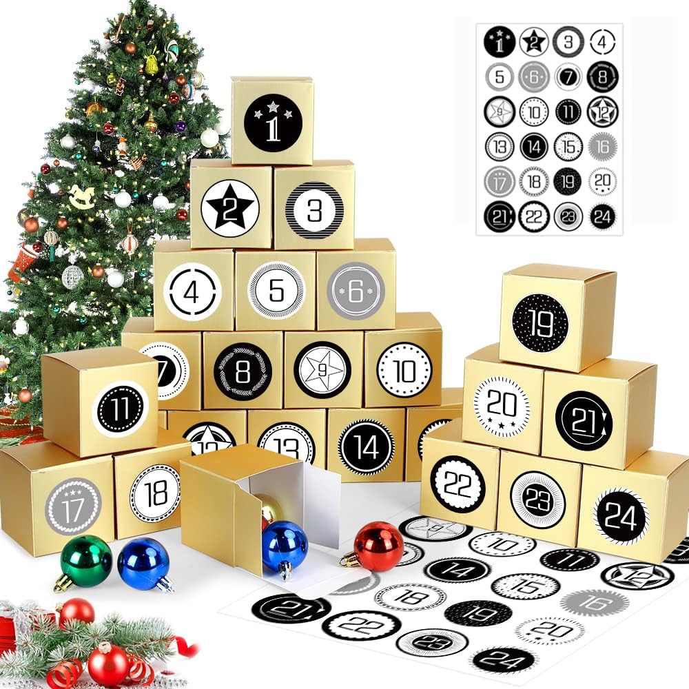 Calendario de Adviento, 24 Calendario Adviento para Rellenar, Cajas Dorada Calendario de Adviento, Calendario Adviento DIY, Calendario Adviento Rituals 2022 con Adhesivos Digitales de Adviento