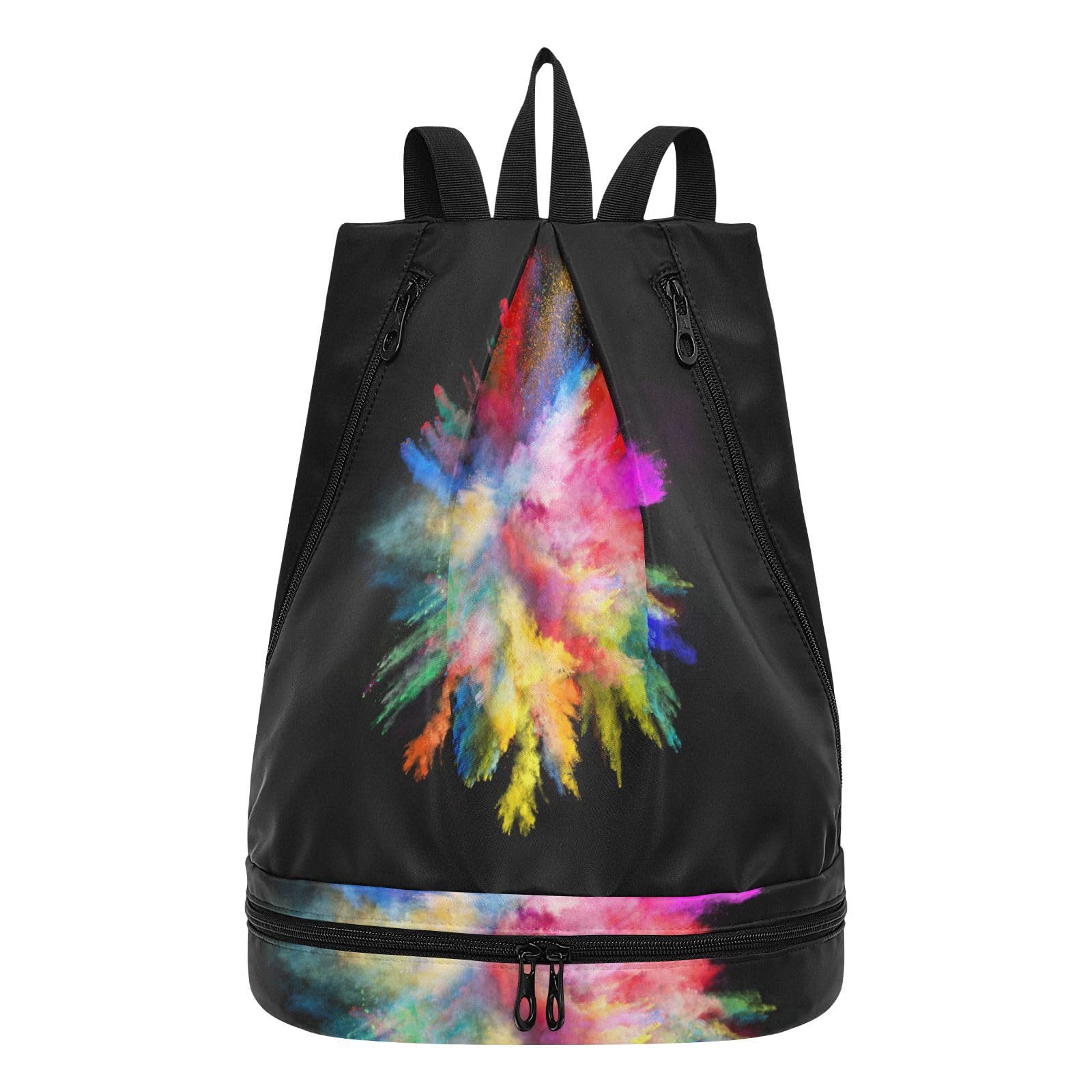 Poeticcity Gym Swimming Drawstring Bags Daypacks Backpack Purse Casual Knapsack Shoulder Bag Sitting Rucksack Launched Colorful Powder on Black Background