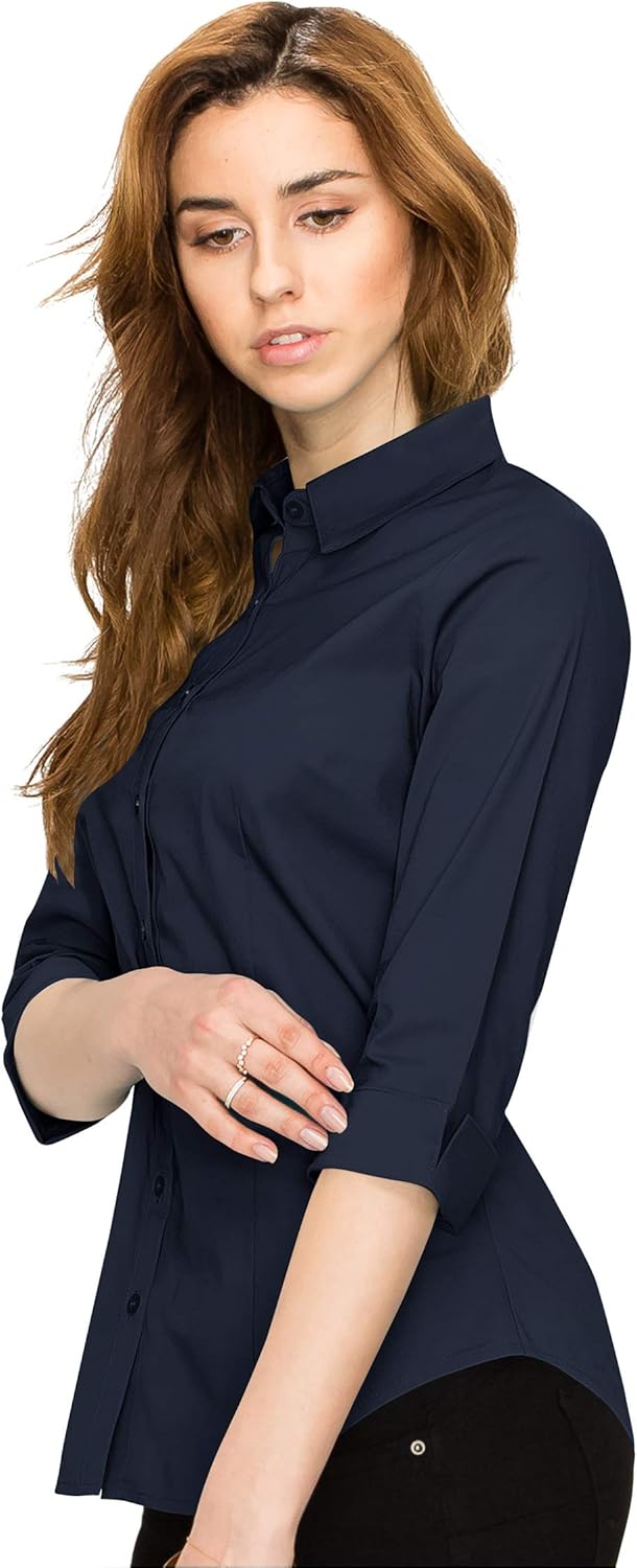 Made By Johnny MBJ Women's Solide 3/4 Sleeve Stretchy Button Down Collared Office Formal Casua Blouse (S~3XL) - Image 4
