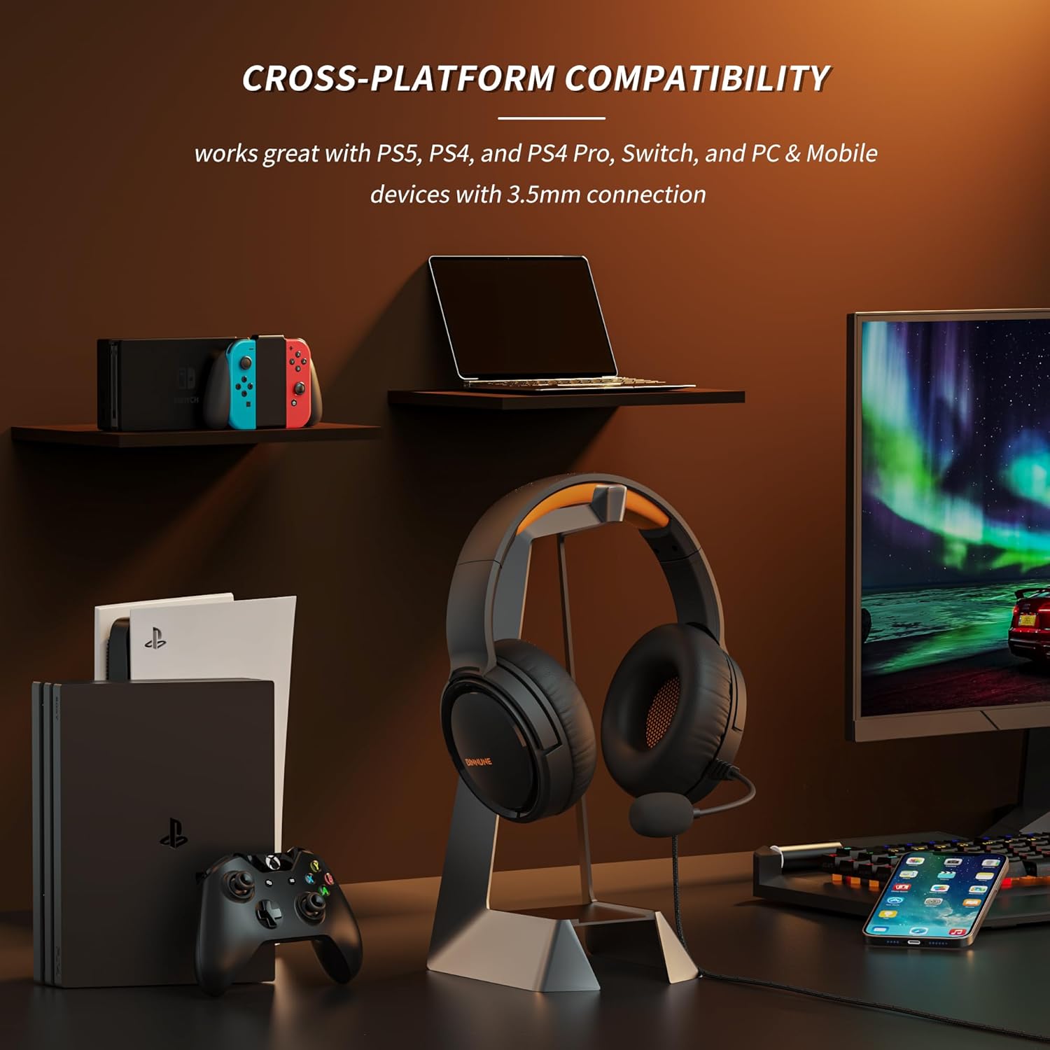 BINNUNE BG02 3.5mm Gaming Headset for PC, PS4, PS5, Laptop, Xbox 1, Mac, iPad, NS Games, Computer Game Gamer Over Ear Flexible Microphone Volume Control with Mic - Orange - Image 5