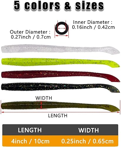 Miniatura 2 de CWSDXM Cebo de plástico suave para gusanos, 30 señuelos de pesca de gusanos de 4 pulgadas, 20 juntas tóricas, señuelos de pesca de lubina y trucha,