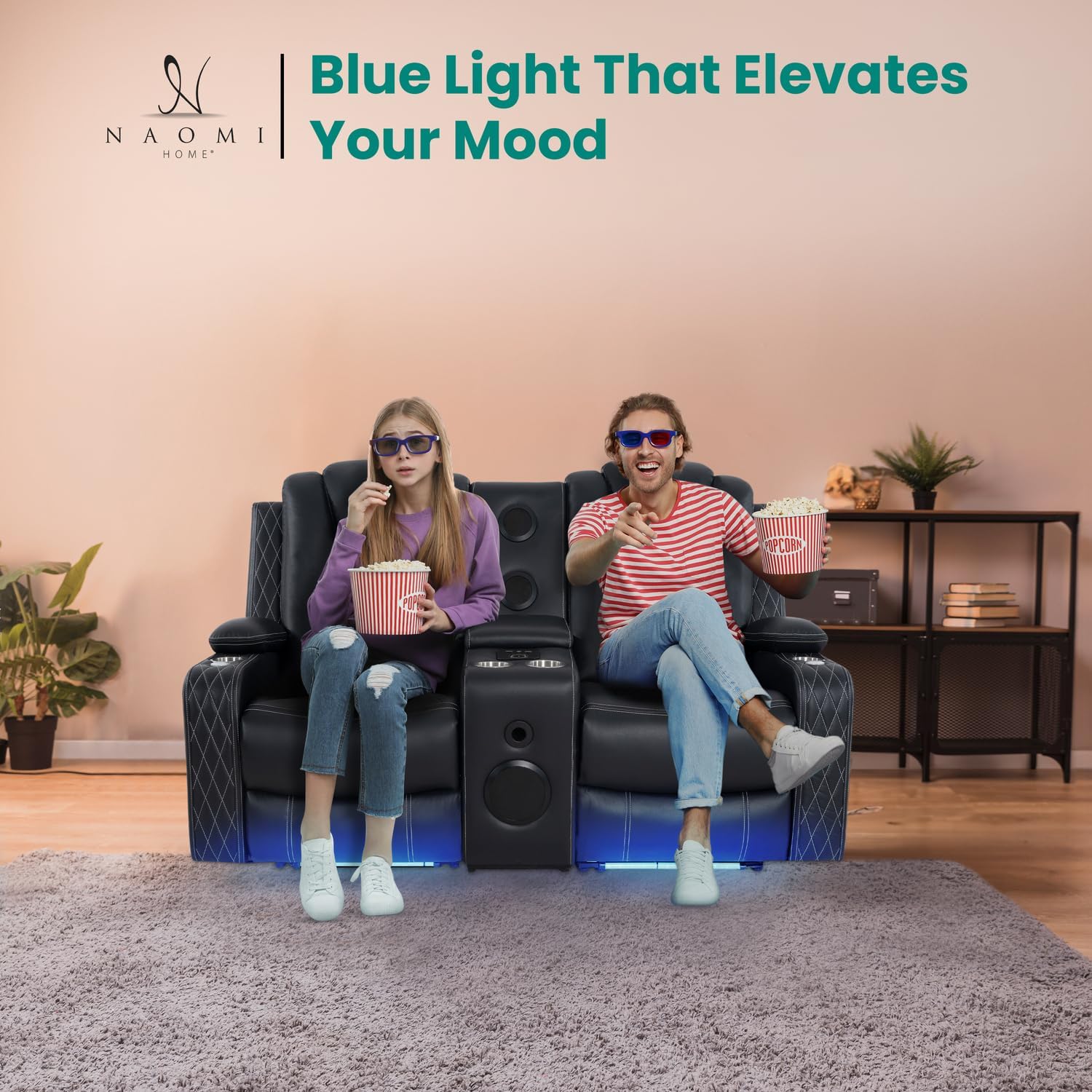 Naomi Home Chicago Power Loveseat Recliner Sofa & Home Theater Seating with Wireless Charging Electric Recliner RV Sofa with USB/Cup Holders/Storage/LED Light/Speaker, Black/Air Leather