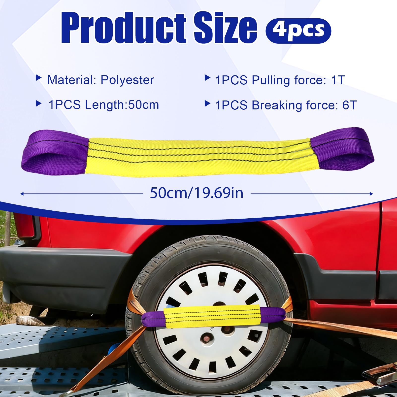 4x50cm Wheel Tie Down Straps for Transporter & Trailer, Heavy-Duty 1T Tension 6T Breaking Strength, Secure Car, Motorcycle & Vehicle Wheels During Transport — view 2