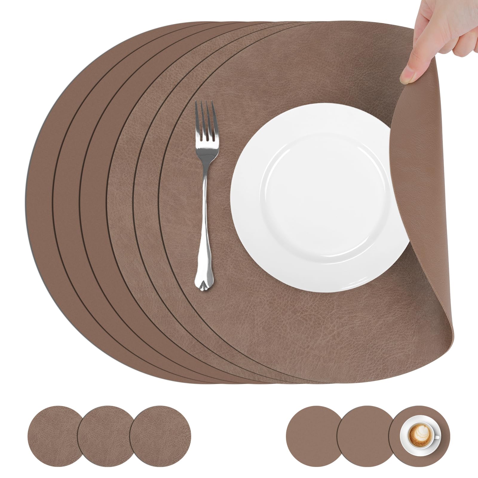 comfoyar Round PU Leather Placemats and Coasters Set of 6, 33cm Non-Slip Dual-Sided Heat Resistant Place Mats, Waterproof Washable Table Mats for Kitchen Dining Party Table Decoration(Dark Brown)