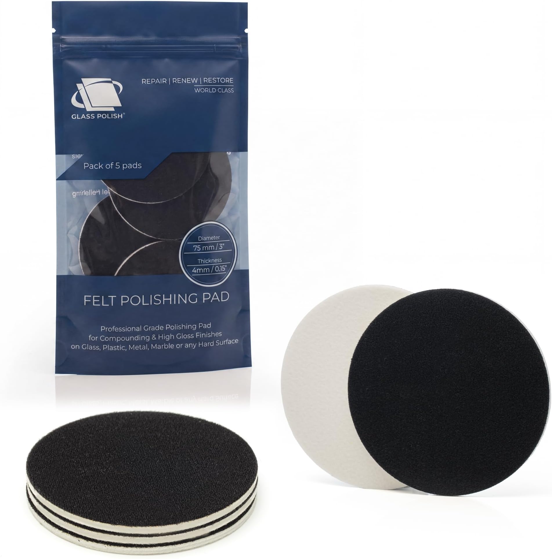 Glass Polish 11007 GP-PRO Felt Polishing Pads for Polishing Glass, Plastic, Metal, Marble - ร 75mm - Pack of 5 Pads