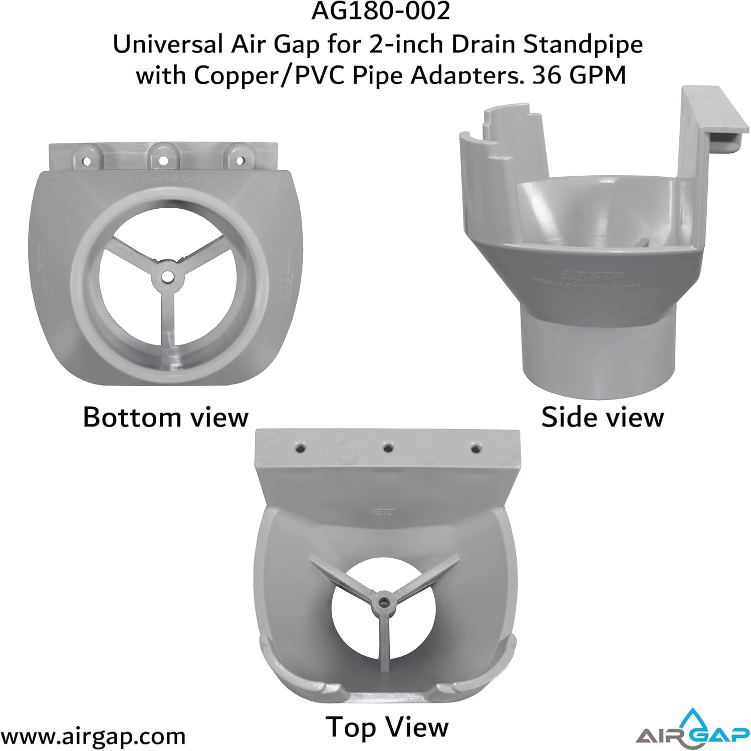 Universal Multi-Drain Air Gap for Condensates, Water Softeners and Water Filters with 1/2-inch and 3/4-inch PVC and Copper Pipe Adapters (AG180-002, GAP-A-DRAIN)