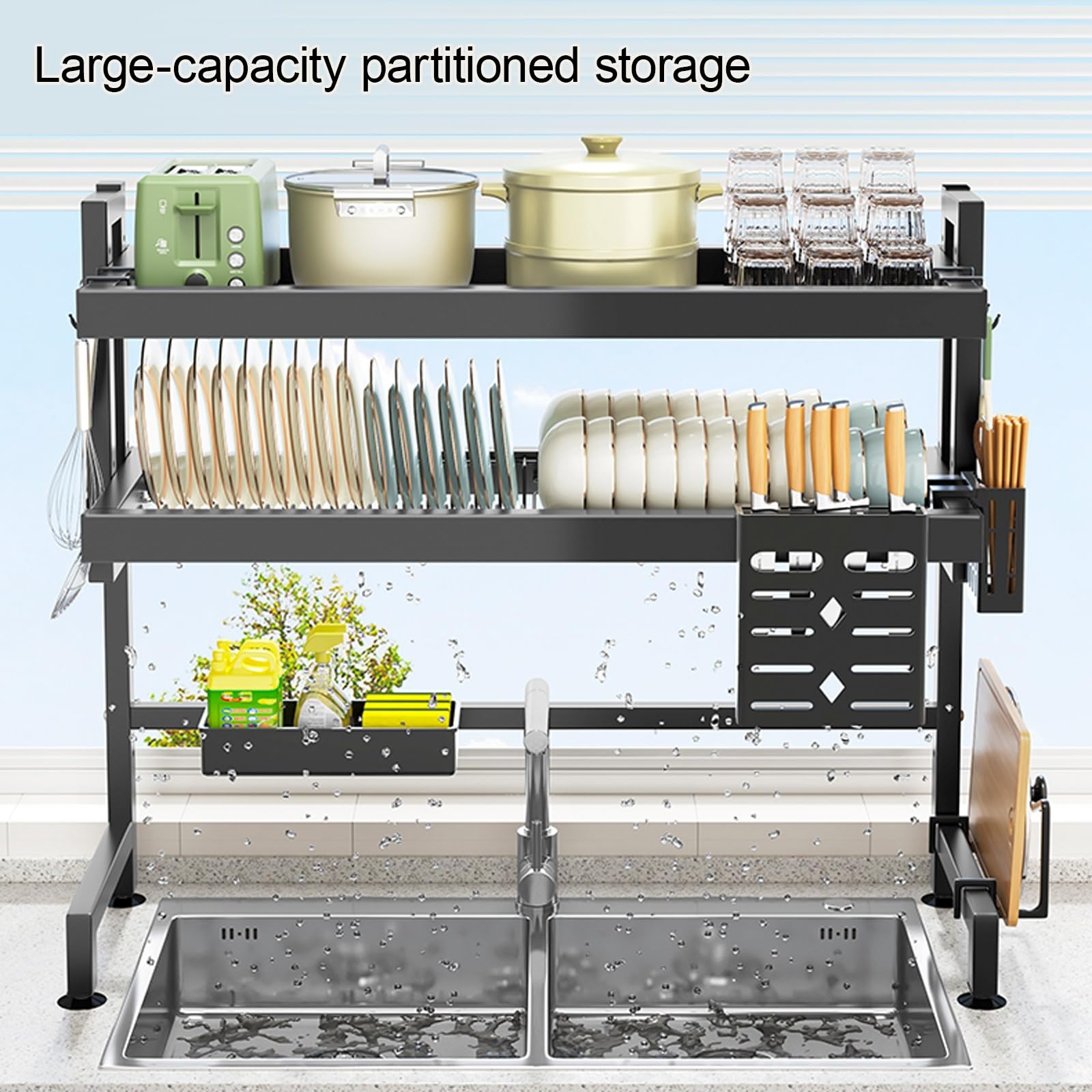 Abtropfgestell für die Spüle, Küchenutensilienhalter, Organizer, platzsparendes Küchen-Abtropfgestell für Teller und Schüsseln, groß, 124 x 70 cm