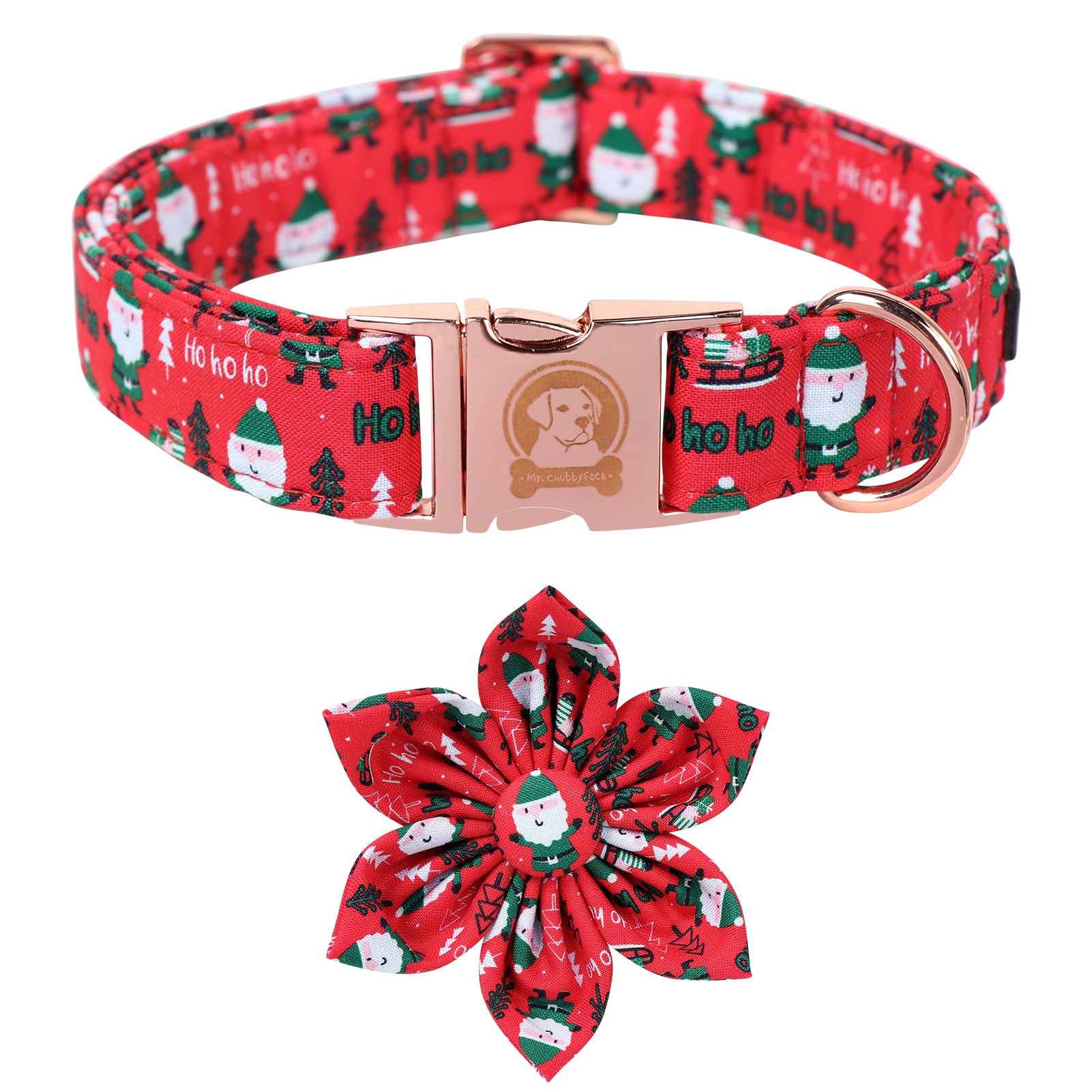 MR. CHUBBYFACE Christmas Santa Dog Collar with Flower, Red and Green Cotton Puppy Collars,Adjustable Christmas Dog Collars with Bowtie for Puppy Small