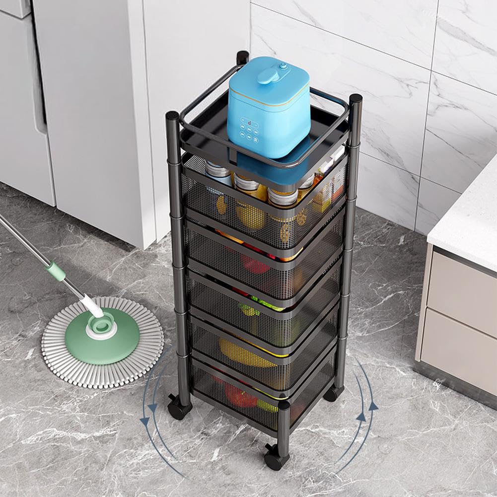 Estantería de almacenamiento giratoria para cocina, 3/4/5 niveles, cestas de almacenamiento para frutas y verduras, cesta extraíble, estantería de cocina multicapa con ruedas giratorias de