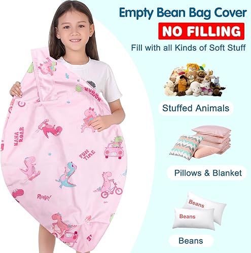 Miniatura 2 de Lukeight Funda para silla puf de almacenamiento de animales de peluche para niños, funda para silla puf con cremallera de dinosaurio para organizar