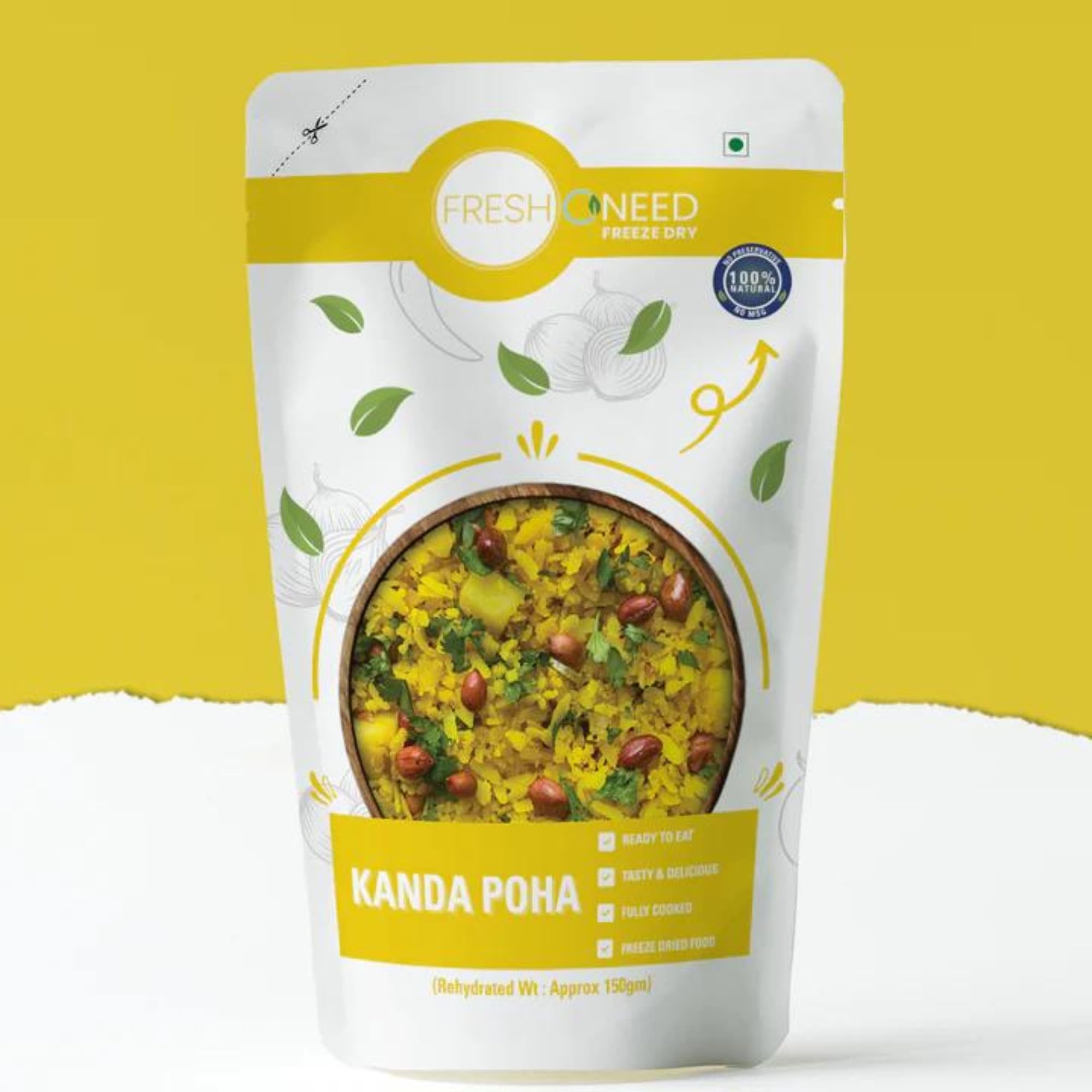 FreshOneed Kanda Poha | After Cooking Yields 150g | 2 Servings Each | Light & Flavorful Flattened Rice with Onions | 100% Natural | No Preservatives | No Chemicals | Freeze Dried Food