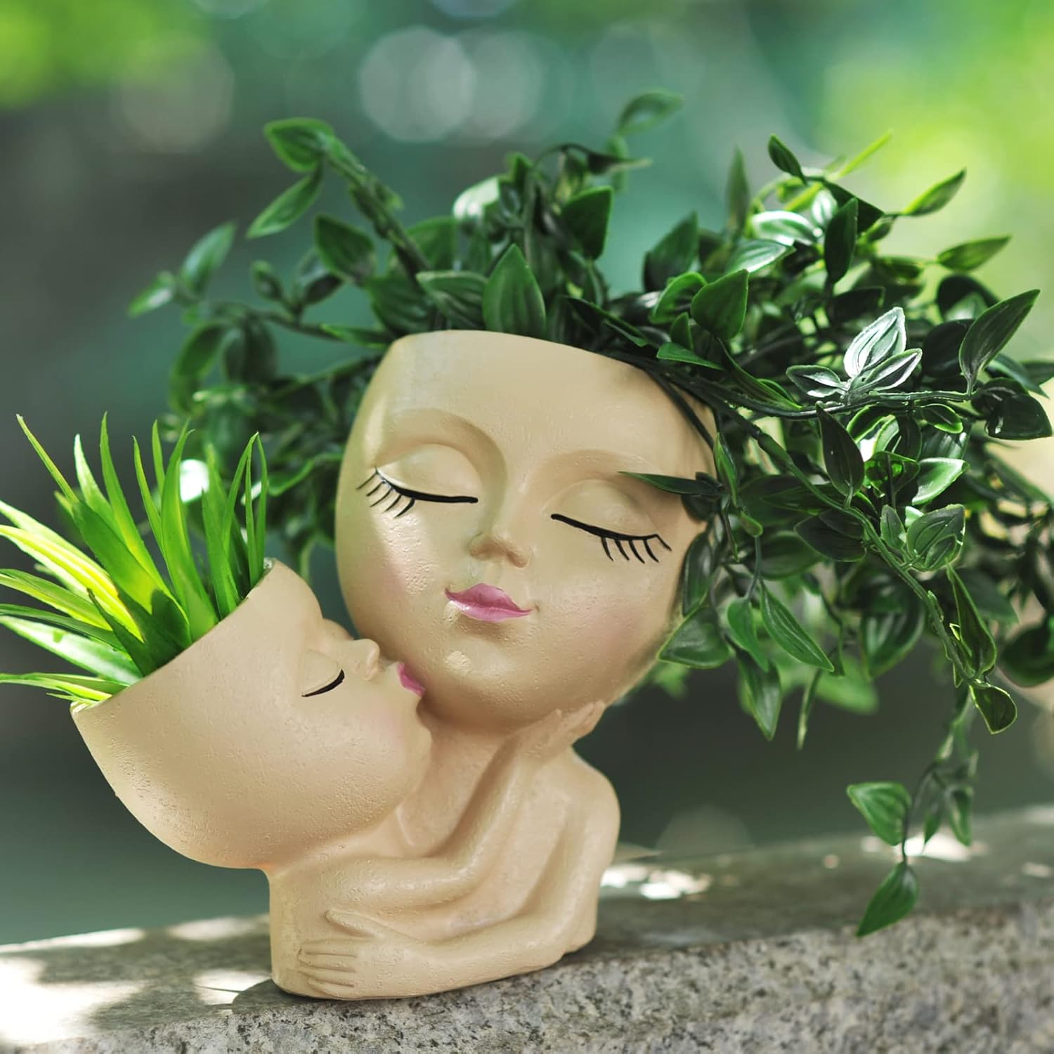 Head Planter Mother and Child Cute Face Planter Pots Head Resin Flower Pots for Indoor Plants with Drainage Hole(Mother&Child-Khaki)