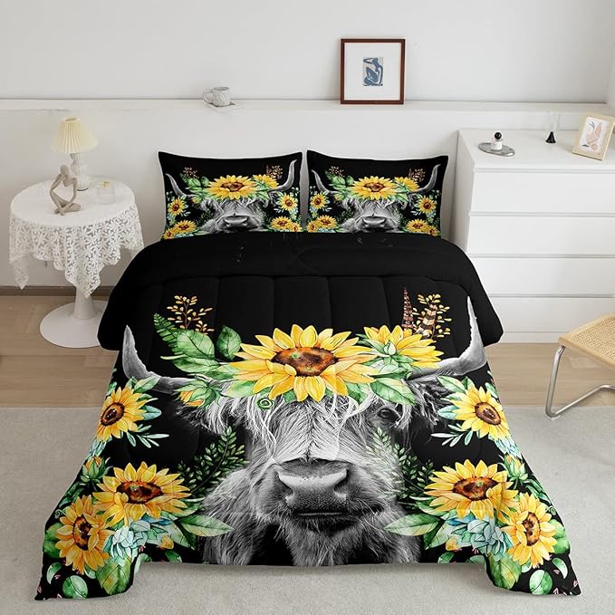Highland Cow Bedding Set Kids Sunflower Floral Western Cow