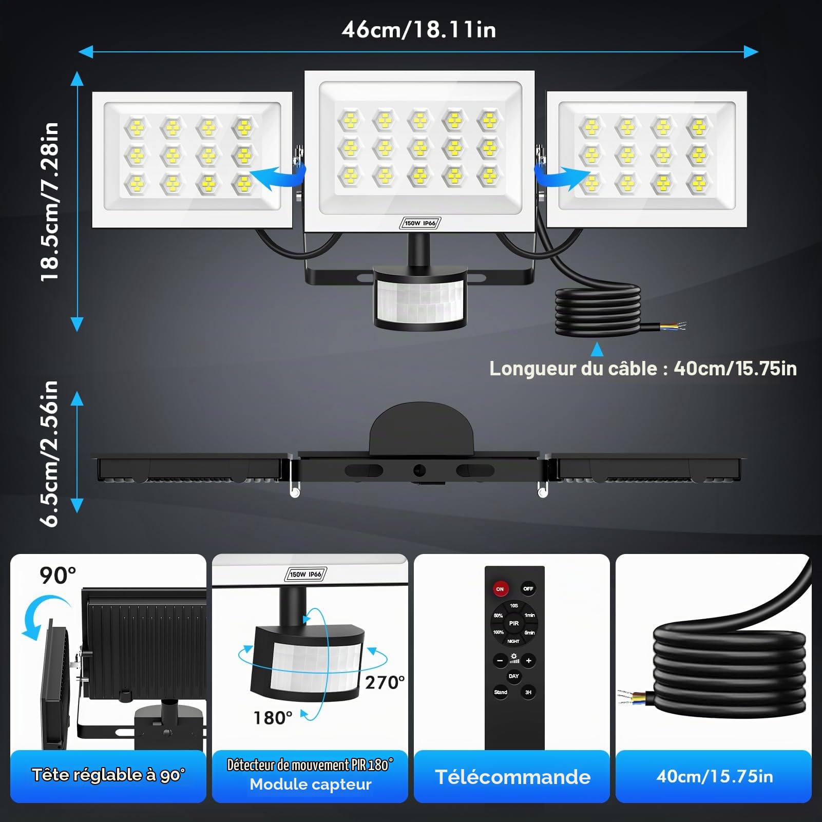 Eclairage Exterieur avec Detecteur, 150W 15000LM Projecteur LED Extérieur avec Télécommande, 3 Têtes de Lampe, 6500K Blanc Froid, IP66 Etanche Spot Exterieur pour Patio Garage