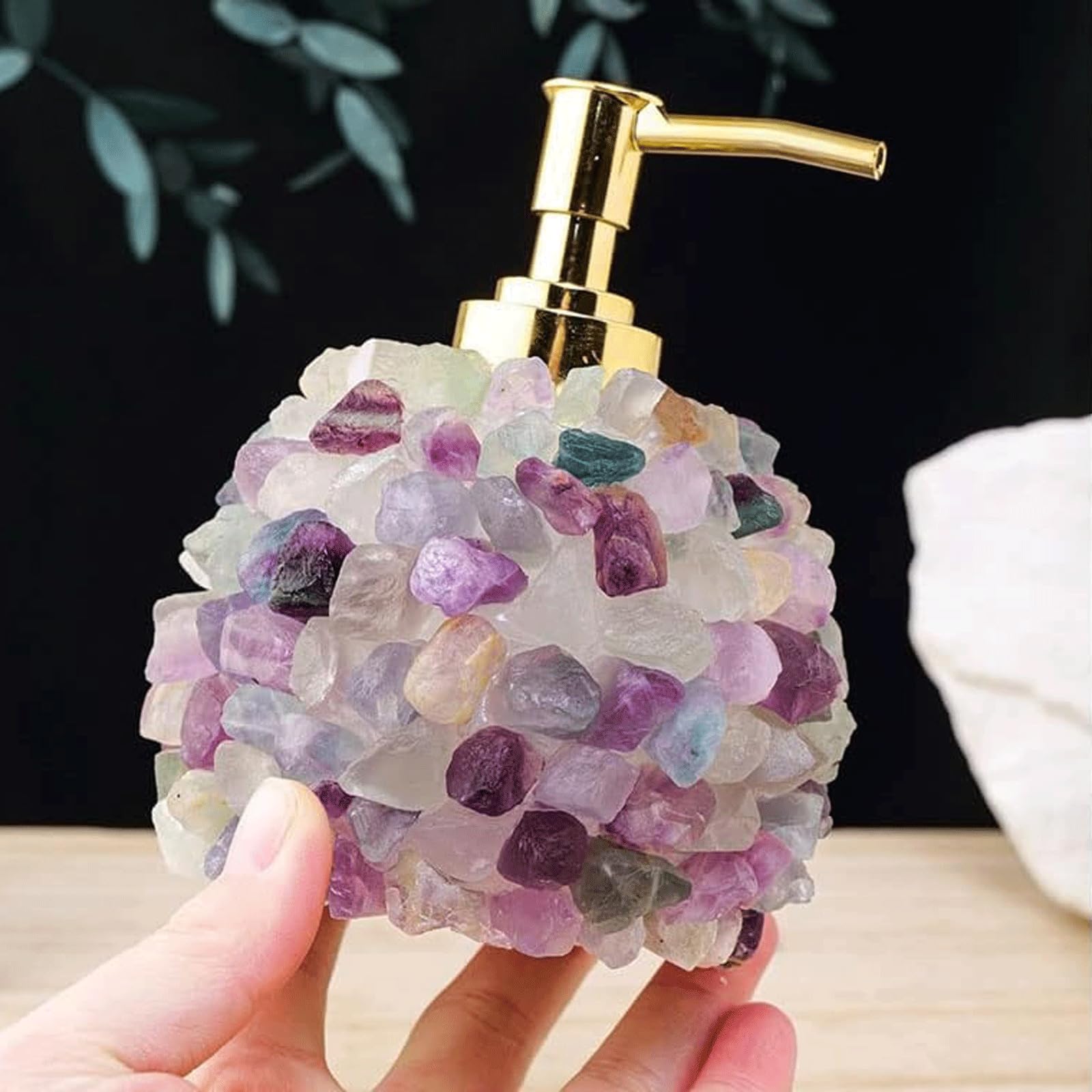 Yofab Dispenser di sapone da banco Dispenser di sapone con cristalli di fluorite grezza con pompa in acciaio inossidabile Dispenser di sapone liquido ricaricabile Dispenser di sapone per le mani