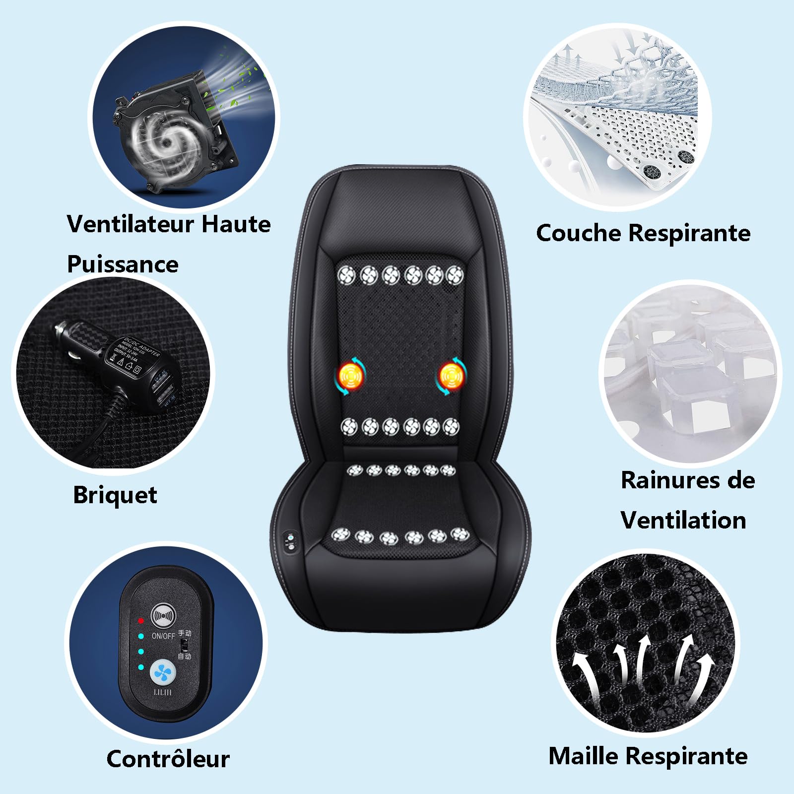 Coussins de Siège Auto de Voiture Ventilés 12-24V Housses de Siège Rafraîchissantes avec Massage Ajustement Universel Housse de Protection de Siège avant Refroidie 1 Pièces (24 Ventilateurs Noir)