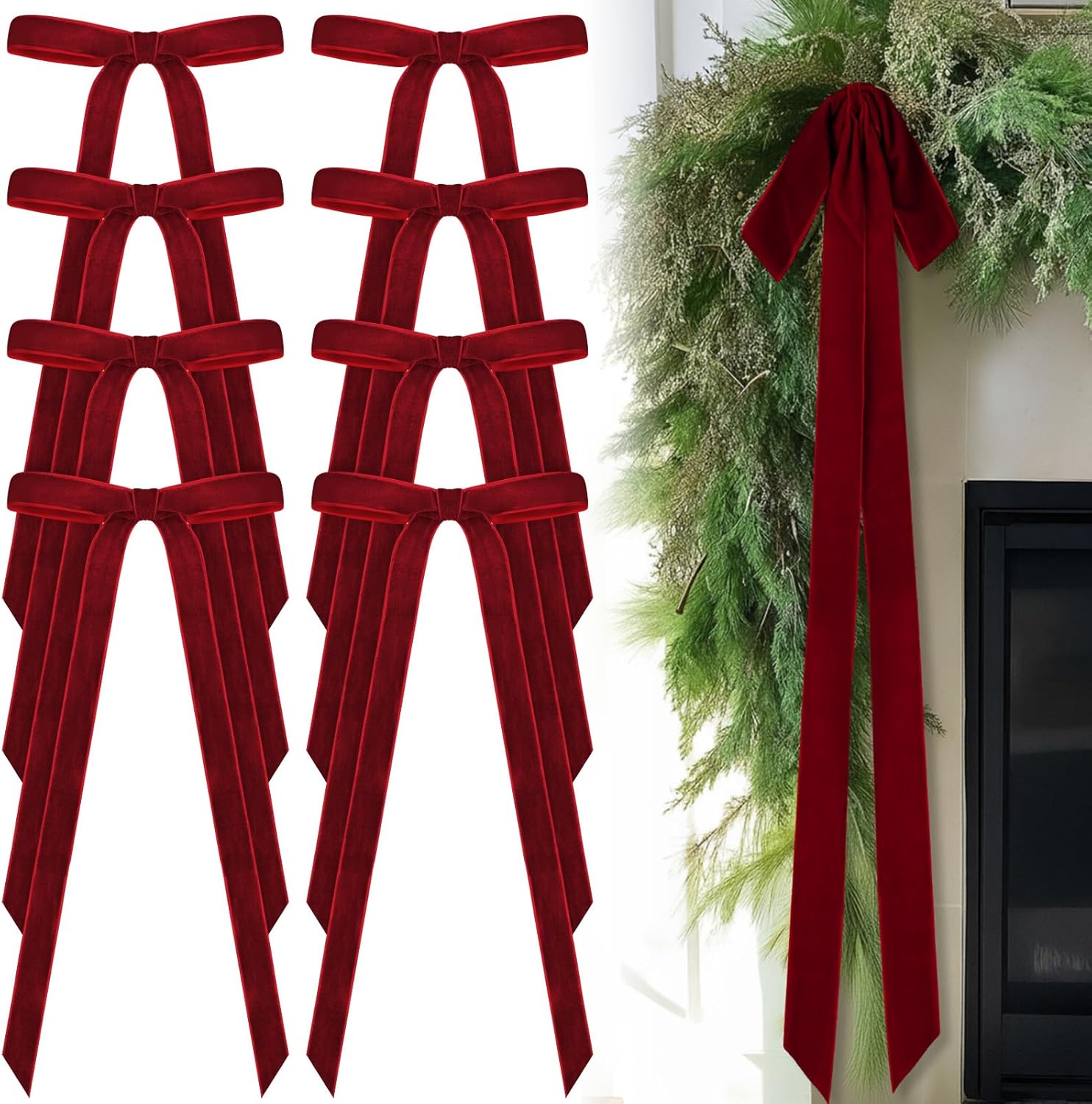 24 Pcs Velvet Bows Christmas Tree Ornaments Vintage Velvet Ribbon Bows for Tree Garland Wreath Indoor Xmas Decorations(10 x 18 Inch, Width of 1.5",Dark Red) Dark Red 10 x 18 Inch, Width of 1.5"