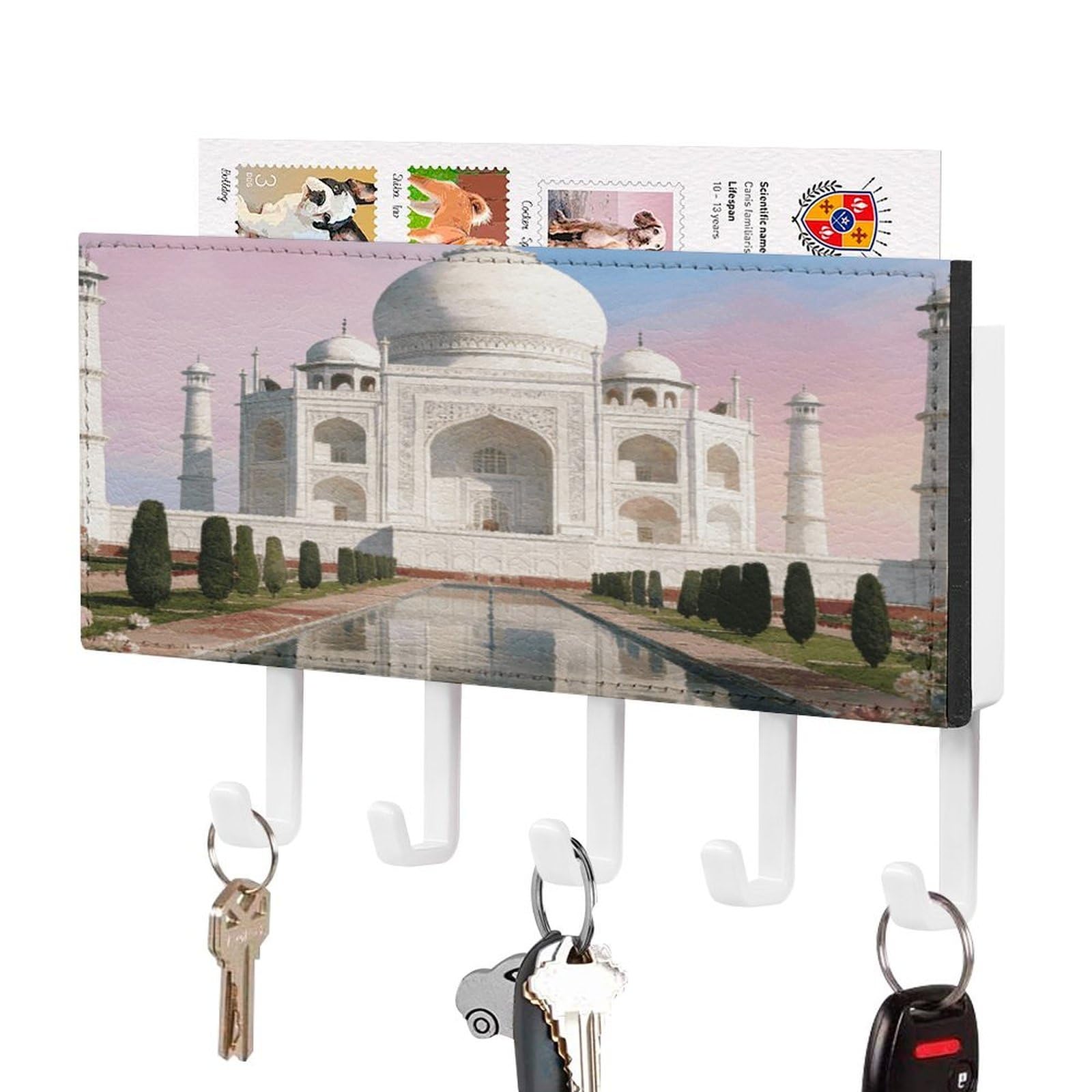 Vstadank White-Style Taj Key Holder Wall Mount Pu Key Rack Decorative Key And Mail Holder Wall Key Organizer With 5 Key Hooks Key Hanger For Entryway Kitchen Living Room Office Doorway Decor White