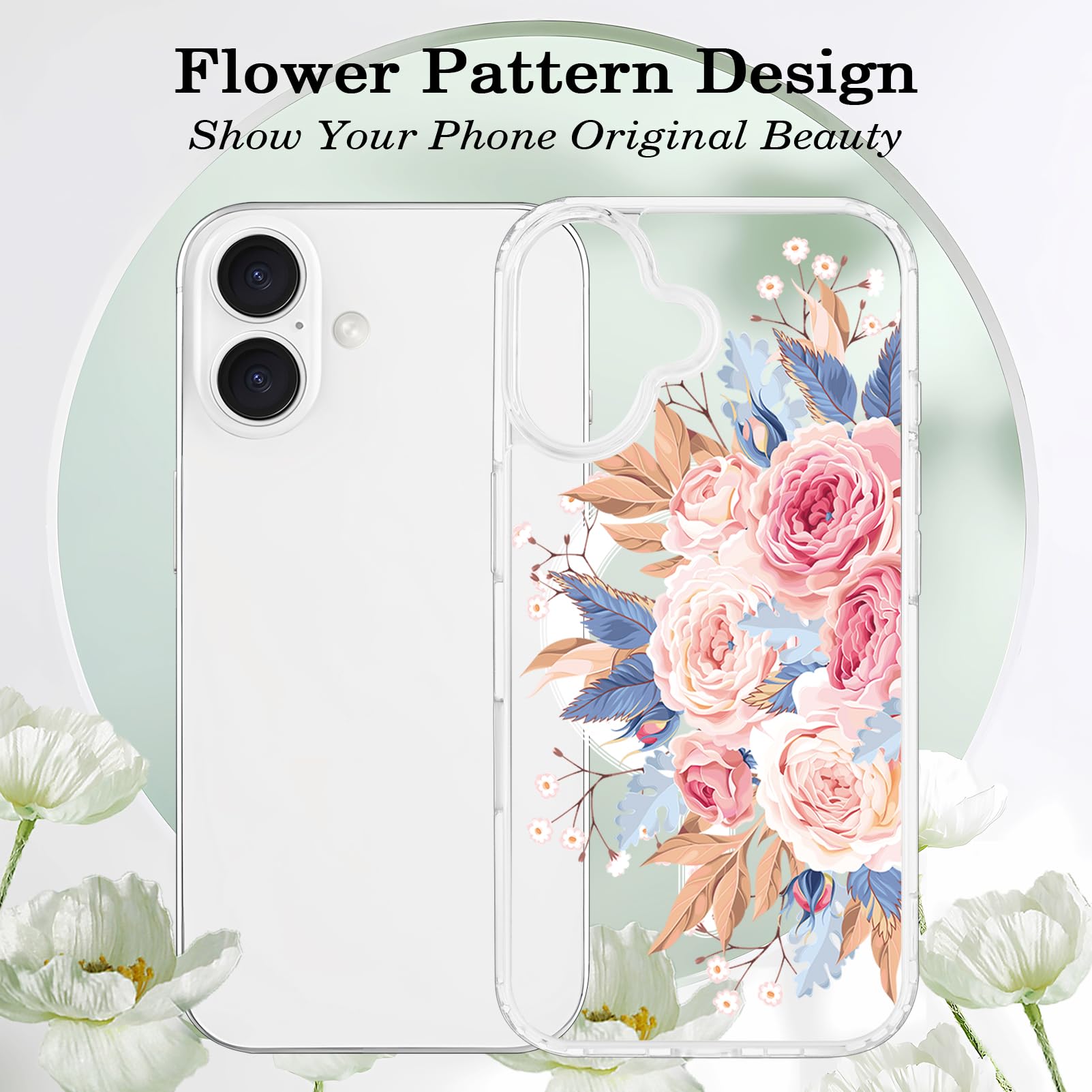 Tcaraersing For IPhone 16 Pro Flower Case Clear [Compatible With MagSafe] Floral Pattern Magnetic Shockproof [Hard PC Back Soft TPU Edge] Slim Cover For Girls Women IPhone 16 Pro 6.3 Inch - View #7