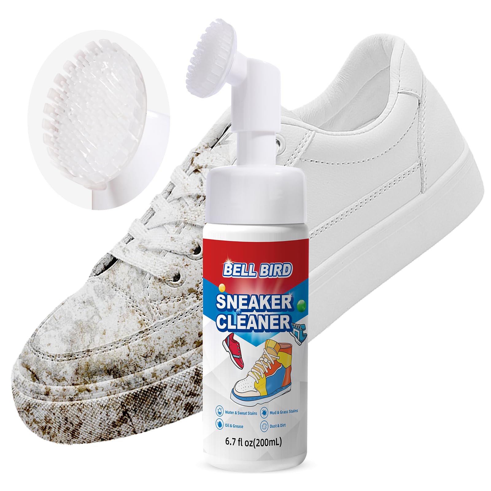 Bell Bird Foam Shoe Cleaner 6.7 fl oz, No Rinse Gentle Sneaker Stain Remover with Built-in Pump Brush, Fast Cleaning for White Shoes, Leather, Canvas, Knit &amp; Rubber
