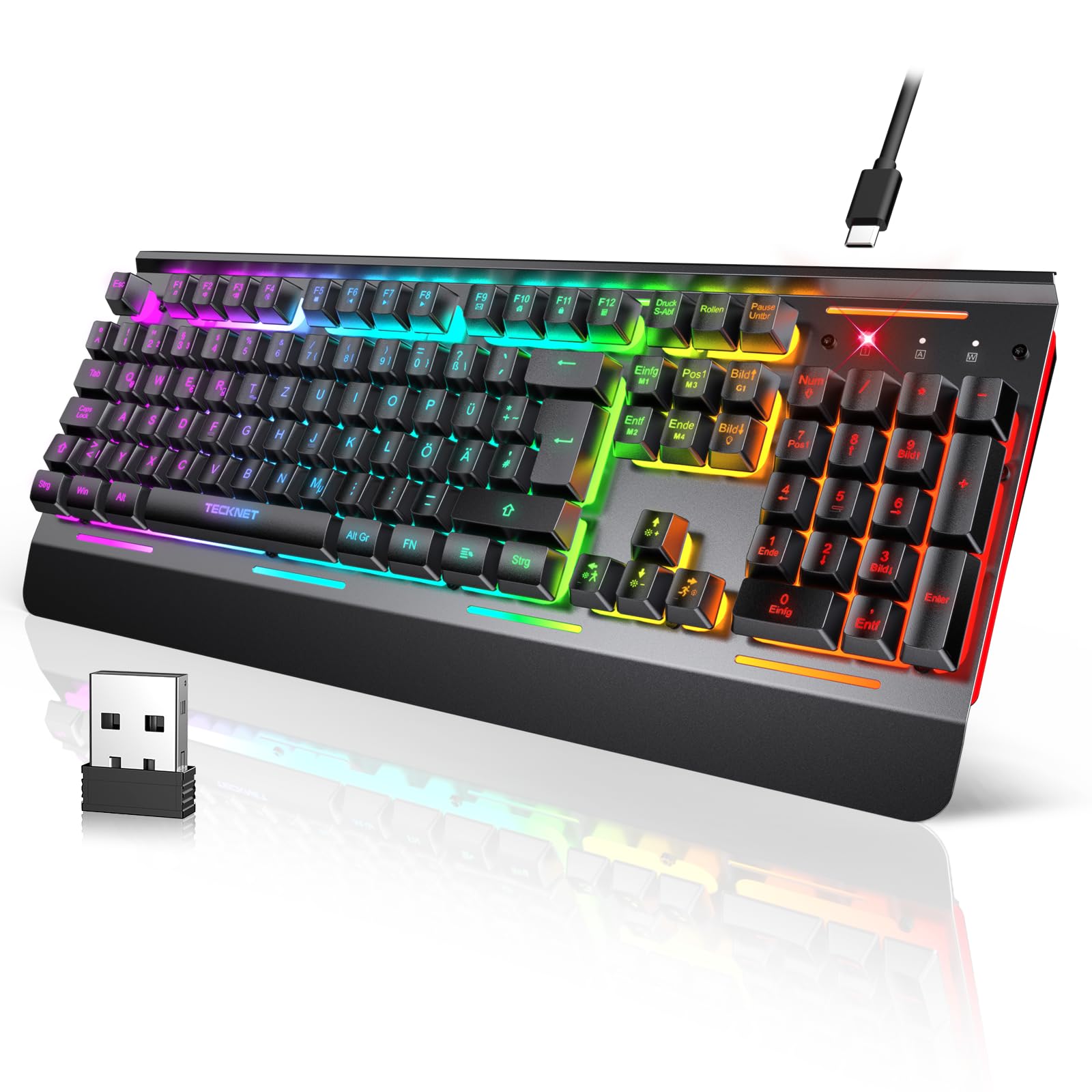 TECKNET Gaming-Tastatur Kabellos, QWERTZ-Tastatur (Deutsches Layout), Membran Tastatur mit 105 Tasten, Vollmetall-Pane, RGB Beleuchtung, Handgelenkauflage, 25 Anti-Ghosting-Tasten für Gamer & Büro