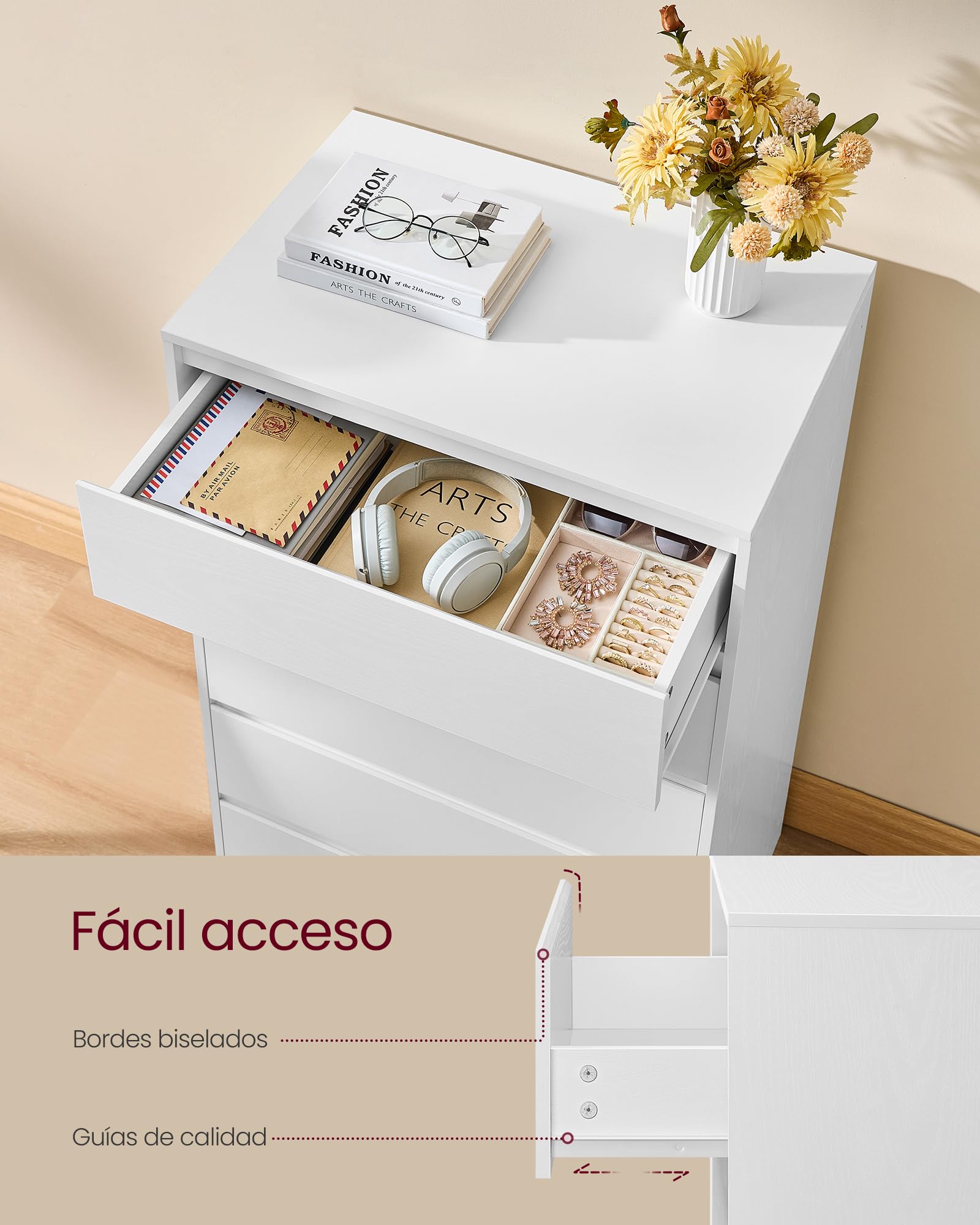 VASAGLE Colección Kailyn - Cómoda de 6 Cajones para Dormitorio, Armario de Almacenamiento, Mueble para Ropa, 30 x 48 x 111,2 cm, Estilo Moderno, Blanco Nieve LTS606WE01