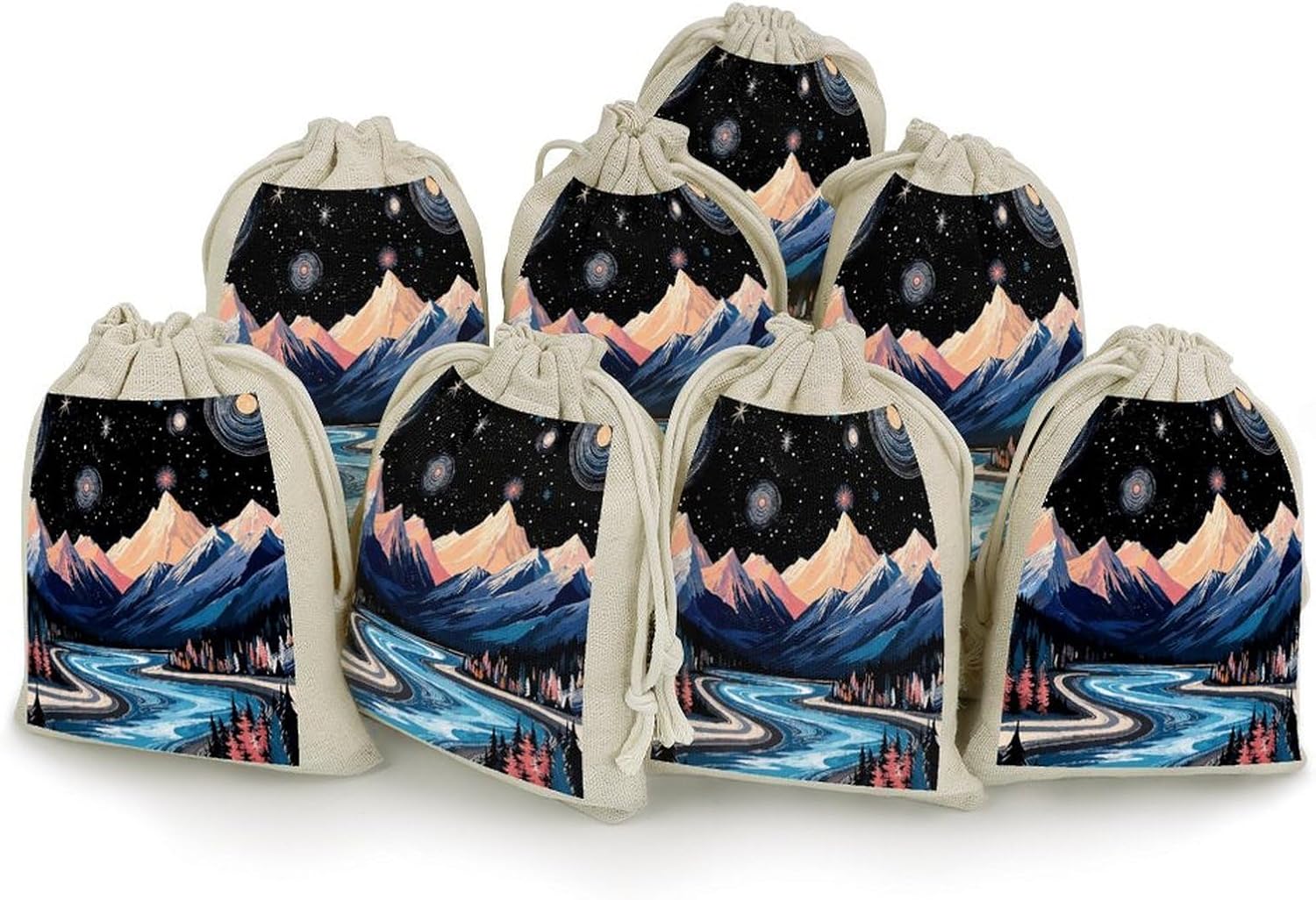 DJUETRUI Dreamy Starry Night Mountain View Burlap Bags with Drawstring 8 Pcs Gift Bags Reusable Gift Pouches for Party Favors Jewelry Spice Sachet Birthday Party Bridal Shower Wedding Home Storage