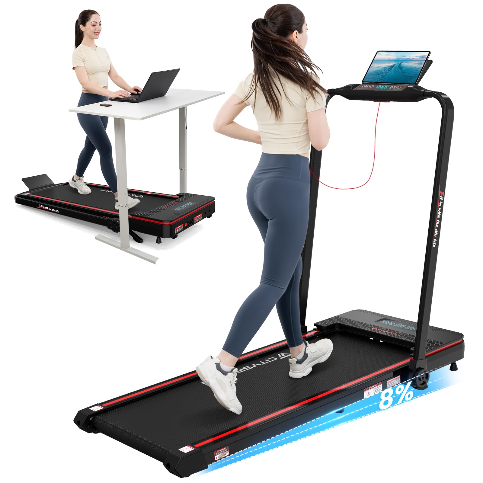 Tapis de course pliable CITYSPORTS incliné avec appli et télécommande