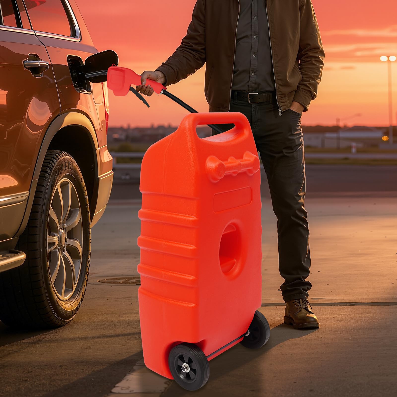 Chariot de carburant 53 l avec pompe, pistolet de distribution, vanne d'arrêt et tuyau flexible, bidon d'essence mobile en polyéthylène haute densité rouge, réservoir de carburant portable pour
